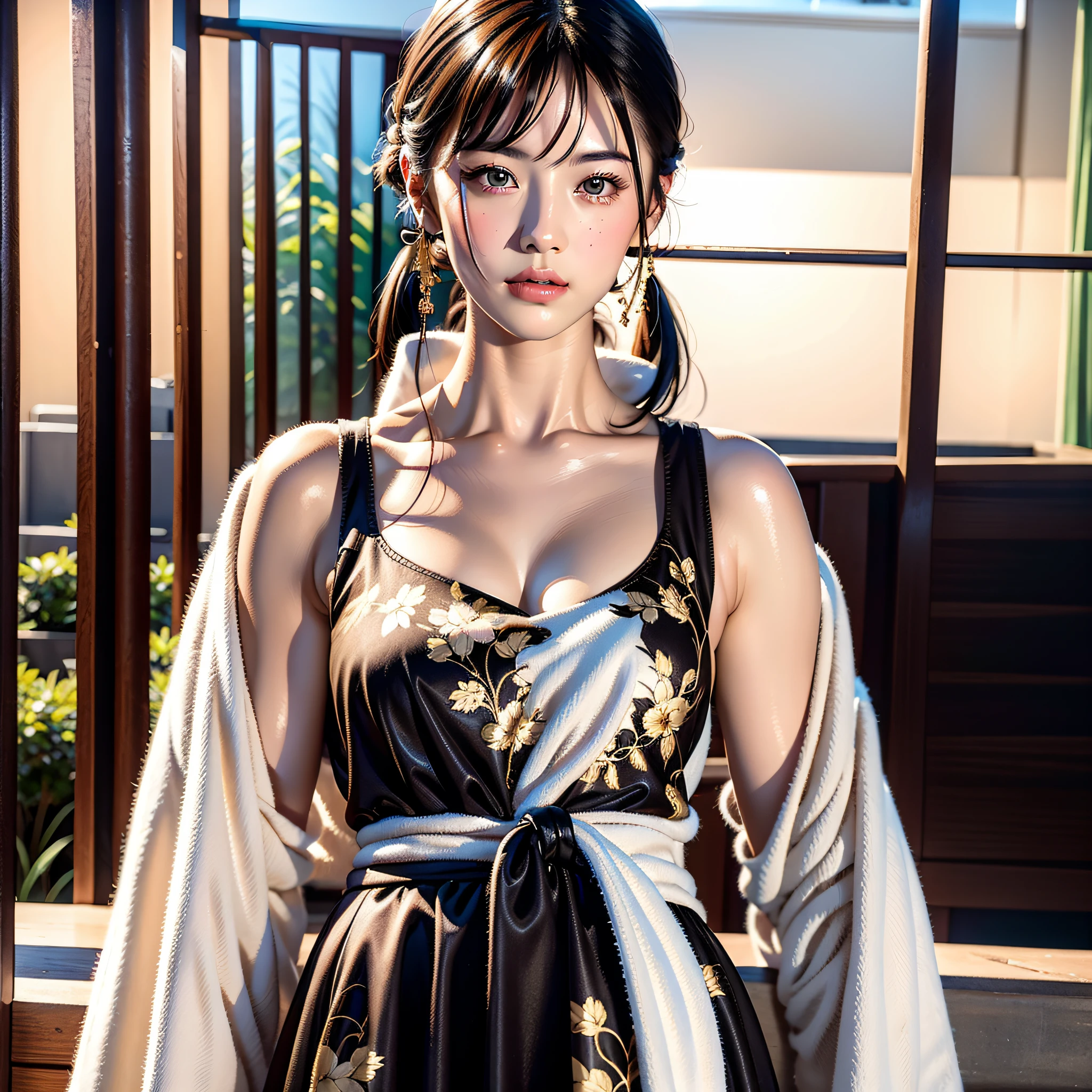 A Chinese girl 18 years old Beautiful eyes, real skin, delicate face, full body picture, hanfu, clothing details, skin details, slim body, delicate and delicate, short hair, black hair, blunt bangs ,beauty, best quality, super detailed, masterpiece, fine detail, high resolution, 8k wallpaper, realistic details, skin details, photoshop \(medium), super detailed, high resolution, extremely detailed, cinematic lighting texture, beautiful, perfect, hd