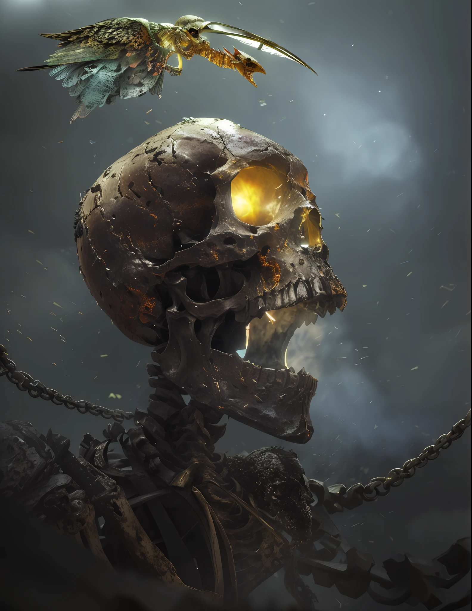 there is a skeleton with a bird on top of it, zombie from doom eternal, 4k highly detailed digital art, chained skeleton, a skull of an alien creature, metal skull with red eyes, rolands zilvinskis 3d render art, eerie highly detailed, detailed 4k horror artwork, undead. highly detailed, 3d render digital art, fantasy skull