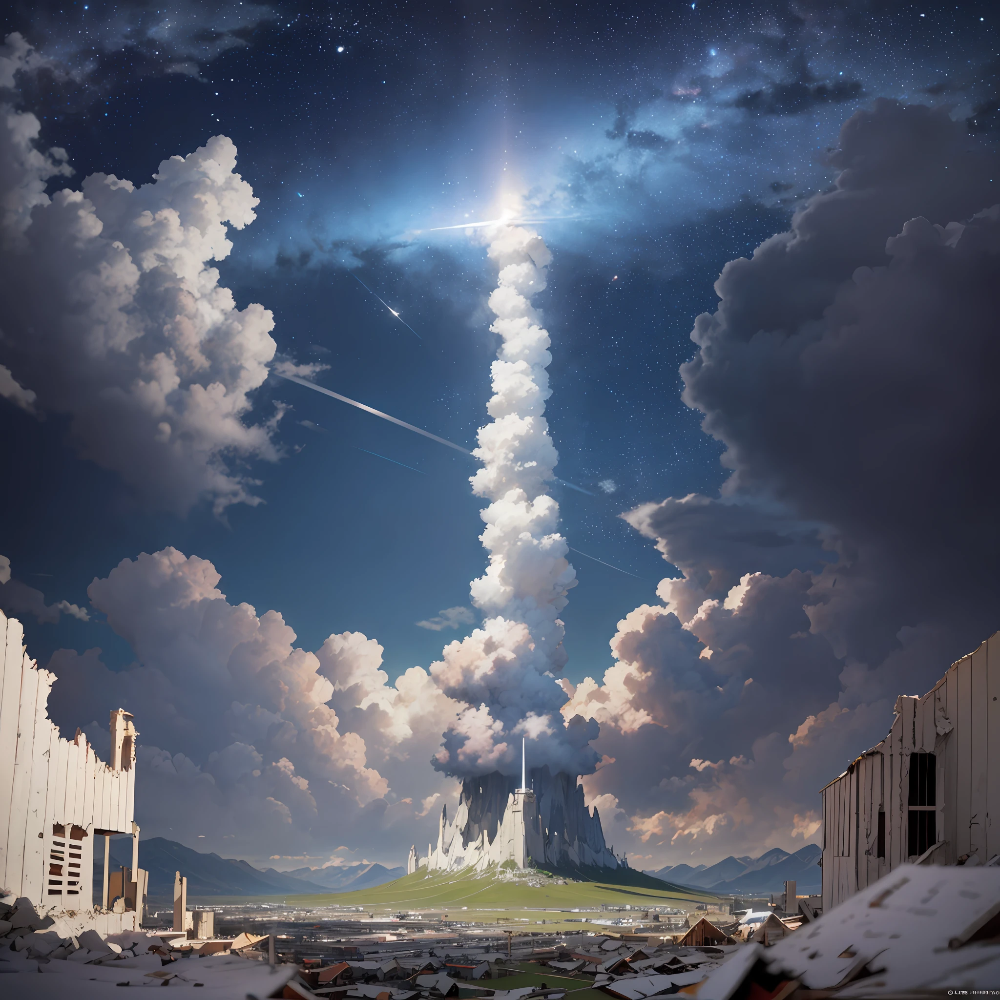 No figures, a pillar of light in the sky connects heaven and earth, tornadoes, broken old houses and mountains around