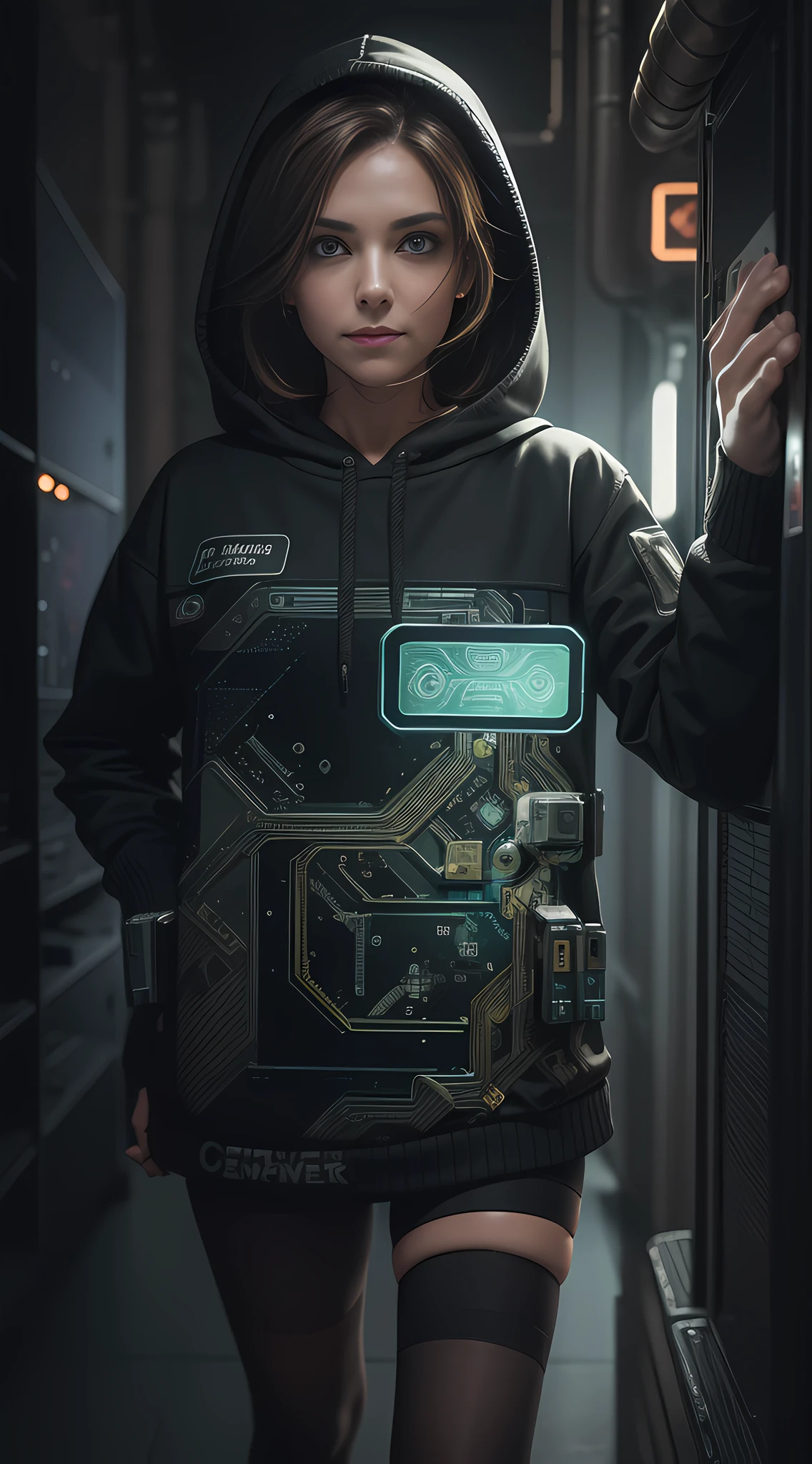 (ridiculous, intricate details, masterpiece, best quality, high resolution, 8k), 1 female, Swede, mature, age, handsome, fine eyes and face, brown fluff hair, blue-green eyes, looking at the audience, solo, (full body: 0.6), detailed background, detailed face, (circuit board AI, electronic theme: 1.1) evil tech futuristic hacker, fake smile, advanced technology, hoodie, tech clothing, key card, cable, (hologram:1.05), error message, Computer, password, server room in background, orange lights, cyber warfare, dark and sinister atmosphere, depth of field, visual effects.