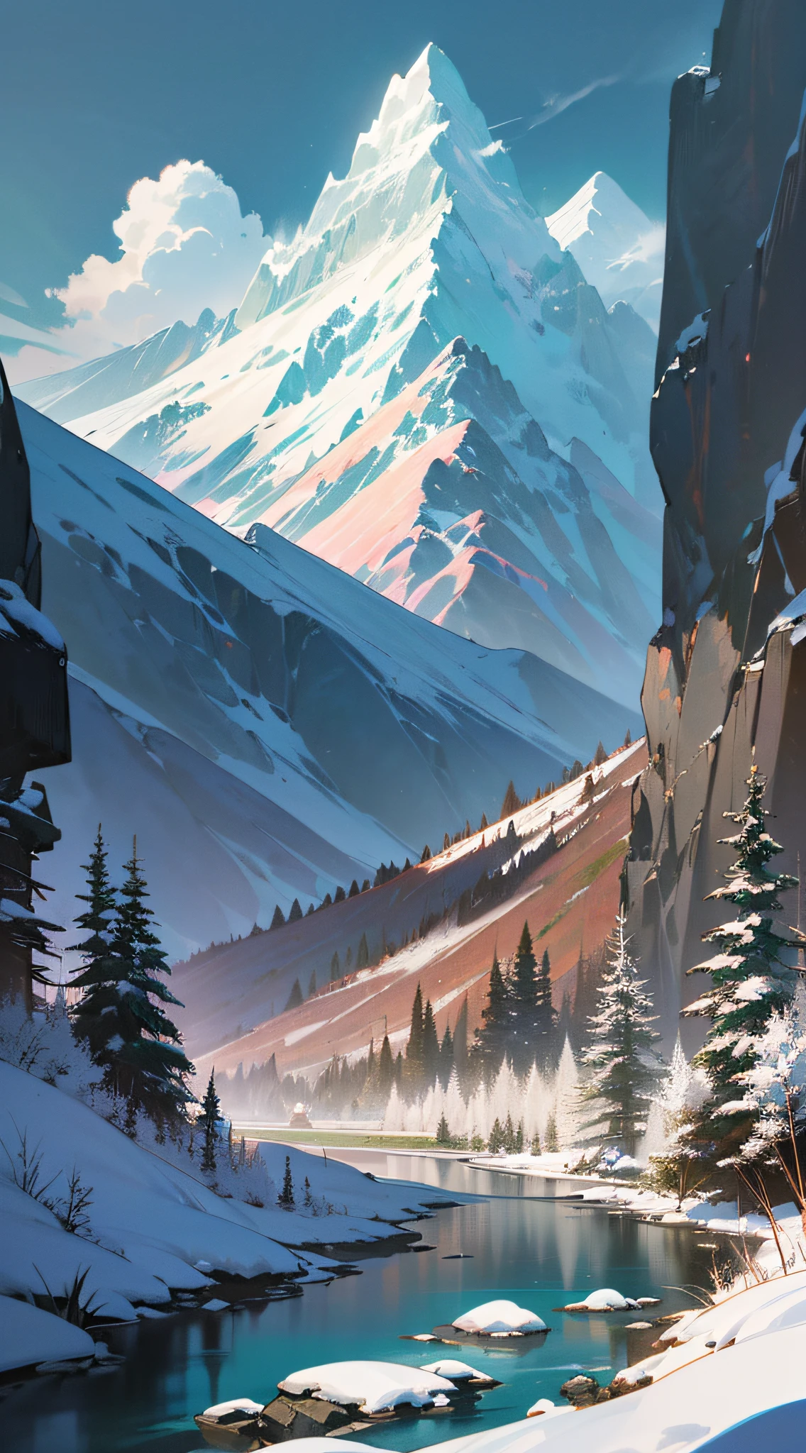 (detailed anime mountain view,masterpiece, high quality),(dramatic lighting, dramatic contrast,an extremely beautiful and serene),(snow-capped peaks in the distance, vast mountain ranges, a small stream running down the side of the mountain),(lush greenery, deep hues, layered atmosphere),vivid animation-inspired style. --auto --s2