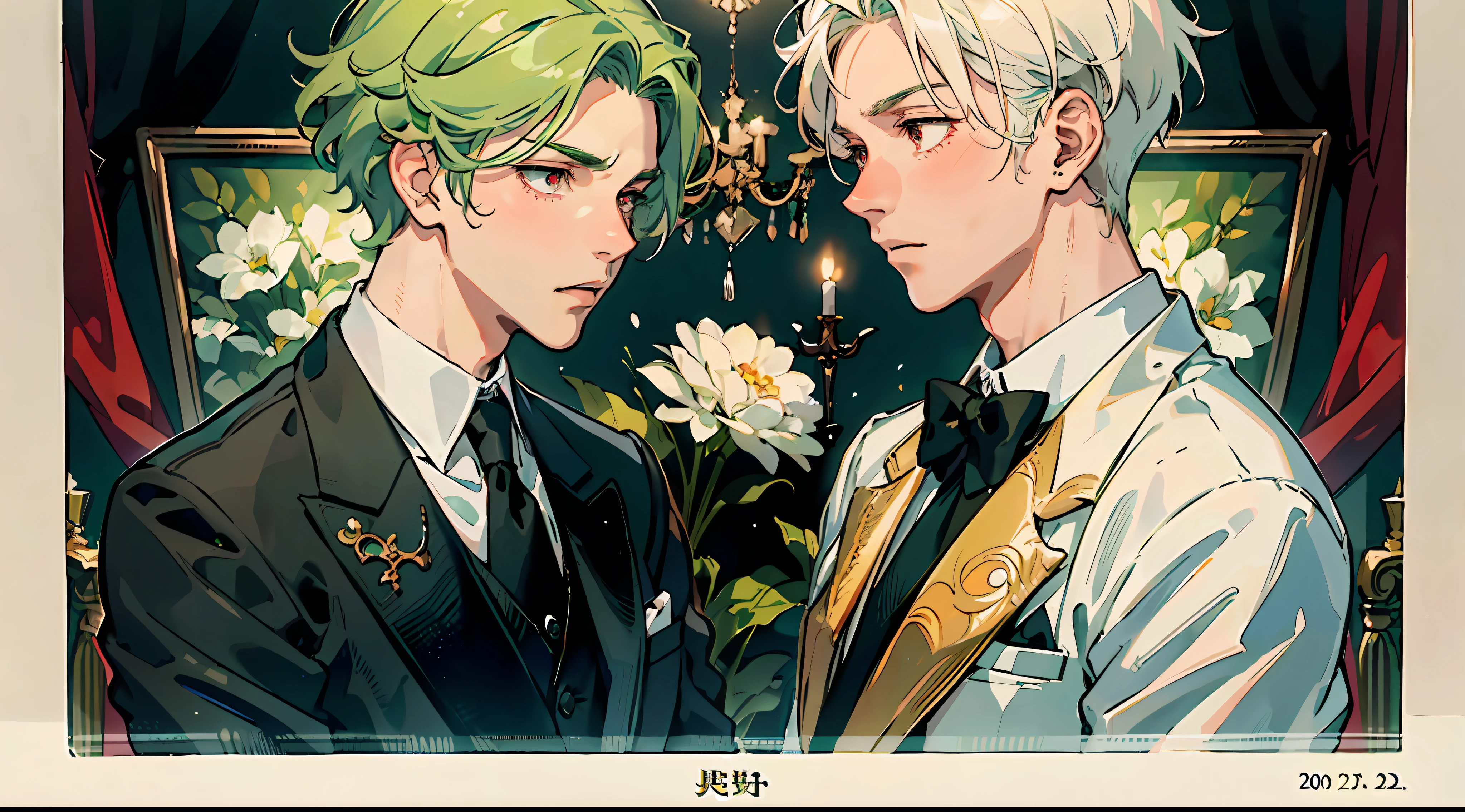 (Masterpiece: 1.4, top quality), two young men facing each other, (cute young man and white tuxedo with green hair and big eyes: 1.2), (cool young man with very short blond hair and red eyes: 1.2), wearing a ring, blush