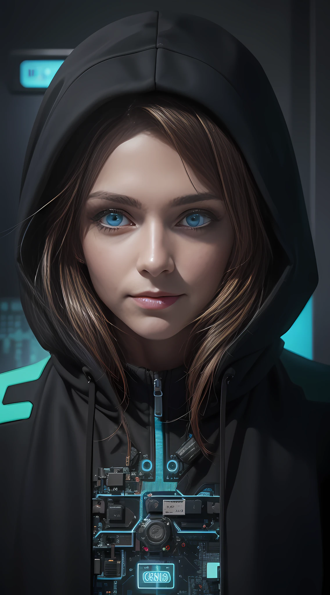 (ridiculous, intricate details, masterpiece, best quality, high resolution, 8k), 1 female, Swede, mature, age, handsome, fine eyes and face, brown fluff hair, blue-green eyes, looking at the audience, solo, (full body: 0.6), detailed background, detailed face, (circuit board AI, electronic theme: 1.1) evil tech futuristic hacker, fake smile, advanced technology, hoodie, tech clothing, key card, cable, (hologram:1.05), error message,  Computer, password, server room in background, orange lights, cyber warfare, dark and sinister atmosphere, depth of field, visual effects.