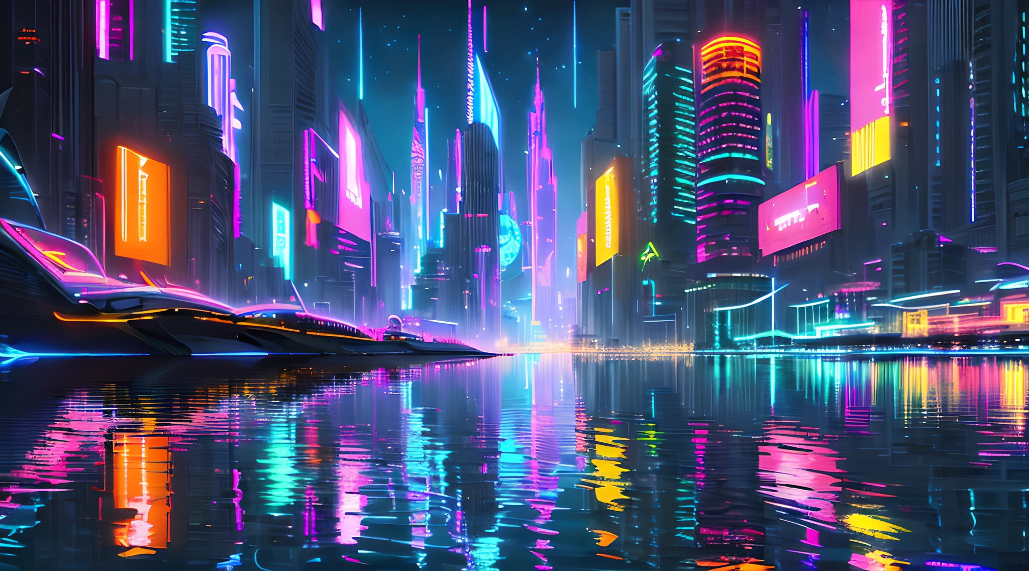 (Best quality),(masterpiece),(ultra detailed),(4k resolution),(extremely detailed),(Cutting-edge digital art, digitally painted masterpiece), (best resolution and color saturation), futuristic city skyline at night, vibrant neon lights, reflections on water, dynamic angles, bustling crowds, high-tech gadgets, flying vehicles, cyberpunk fashion.