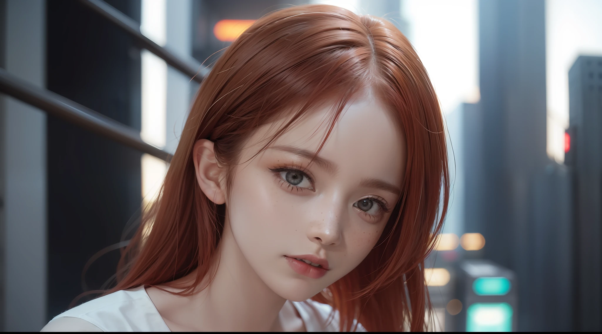 award-winning photo from waist up, portrait of a girl, redhead, freckles is sitting on a balcony, cyberpunk white shirt with V-neckline, breast visible through white T-shirt, slate atmosphere, cinematic, faded colors, dark shot, no sound colors, grainy film, insane details, intricate details, hyperdetailed, close-up, twilight, cyberpunk city background