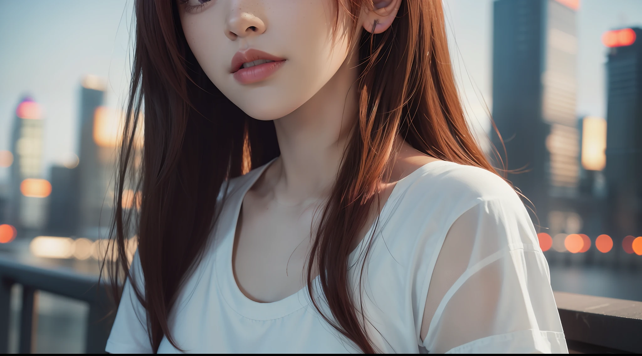 award-winning photo from waist up, portrait of a girl, redhead, freckles is sitting on a balcony, cyberpunk white shirt with V-neckline, breast visible through white T-shirt, slate atmosphere, cinematic, faded colors, dark shot, no sound colors, grainy film, insane details, intricate details, hyperdetailed, close-up, twilight, cyberpunk city background