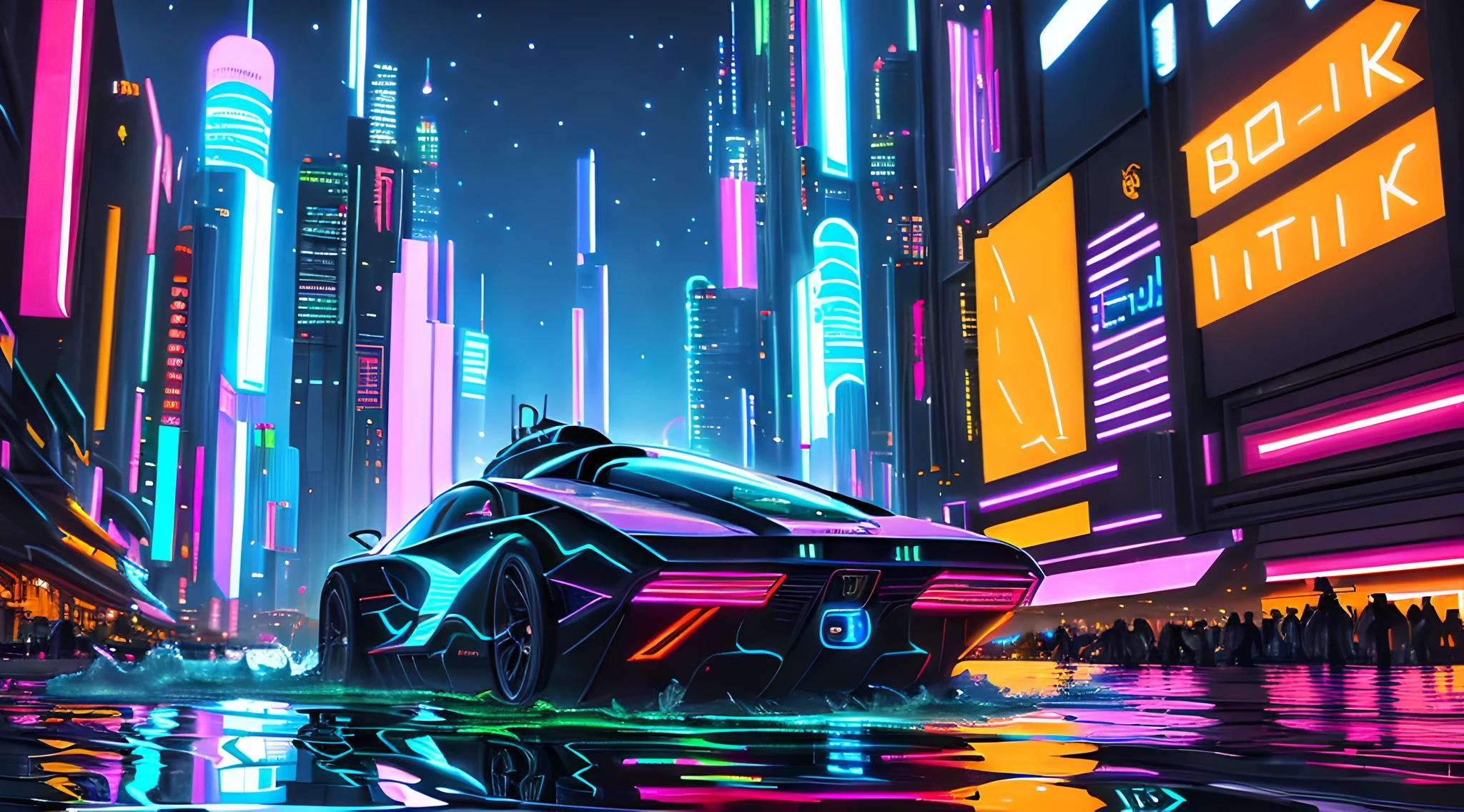 (Best quality),(masterpiece),(ultra detailed),(4k resolution),(extremely detailed),(Cutting-edge digital art, digitally painted masterpiece), (best resolution and color saturation), futuristic city skyline at night, vibrant neon lights, reflections on water, dynamic angles, bustling crowds, high-tech gadgets, flying vehicles, cyberpunk fashion.