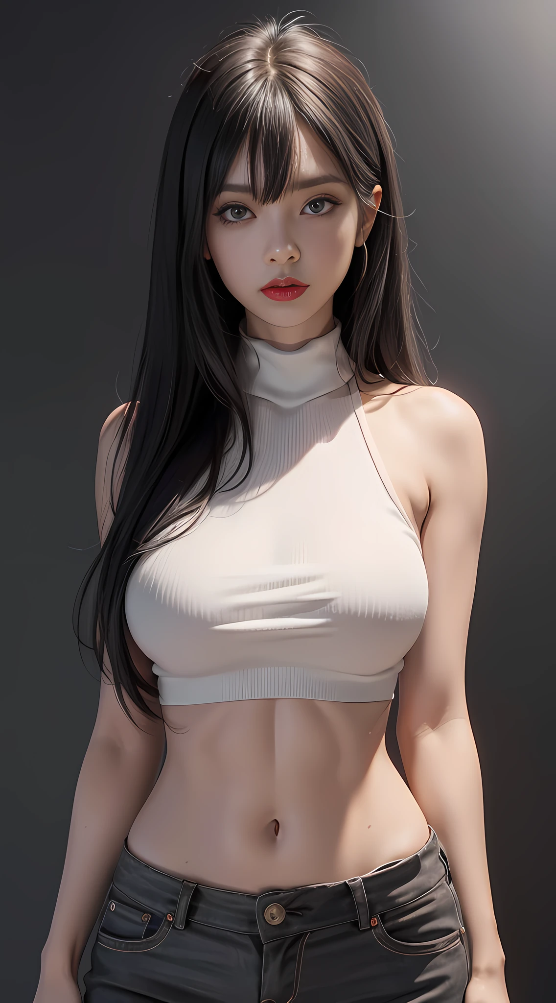 girl, bangs, bare shoulders, black pants, breasts, breasts squeezed together, gray background, hair between eyes, long hair, view viewer, pants, parted lips, red eyes, shirt, simple background, sleeveless, sleeveless shirt, solo, turtleneck sweater, v-arms, gray hair, (shiny skin), (Masterpiece: 1.4), (Best Quality: 1.4) Facigirl, Red Lips, Perfect Abs, Navel, (: 1.5), (Clear Areola), Huge, Real Sweat, Greasy, Full Body, Appropriate Posture