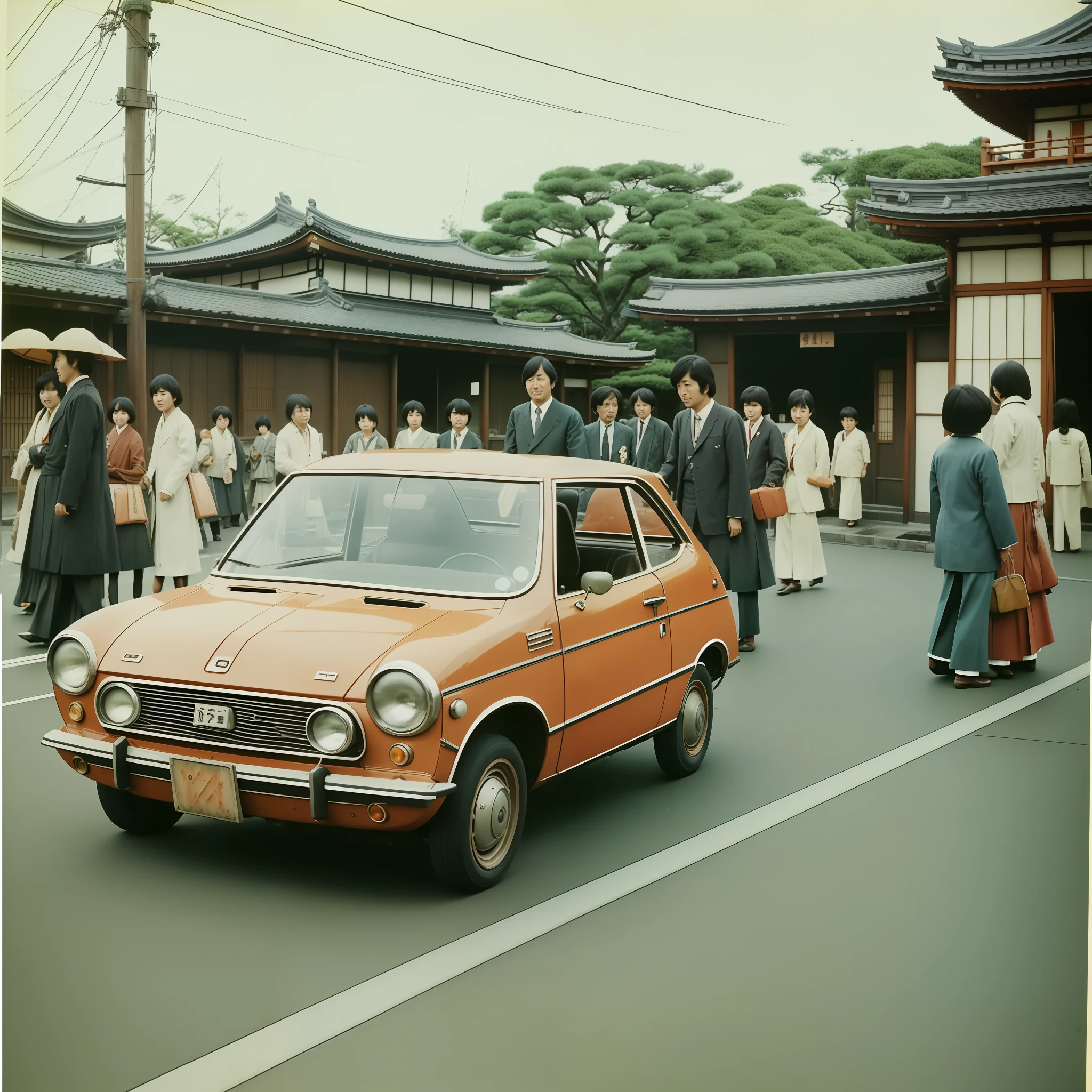 Photos of Japan in the 1970s, people in the 1970s, nostalgic, vintage, old faded color photos, realistic photos, high quality, with children, cloudy, dirt, rust, ultra-realistic expressions, retro, Japan in the 1970s small car, --auto --s2