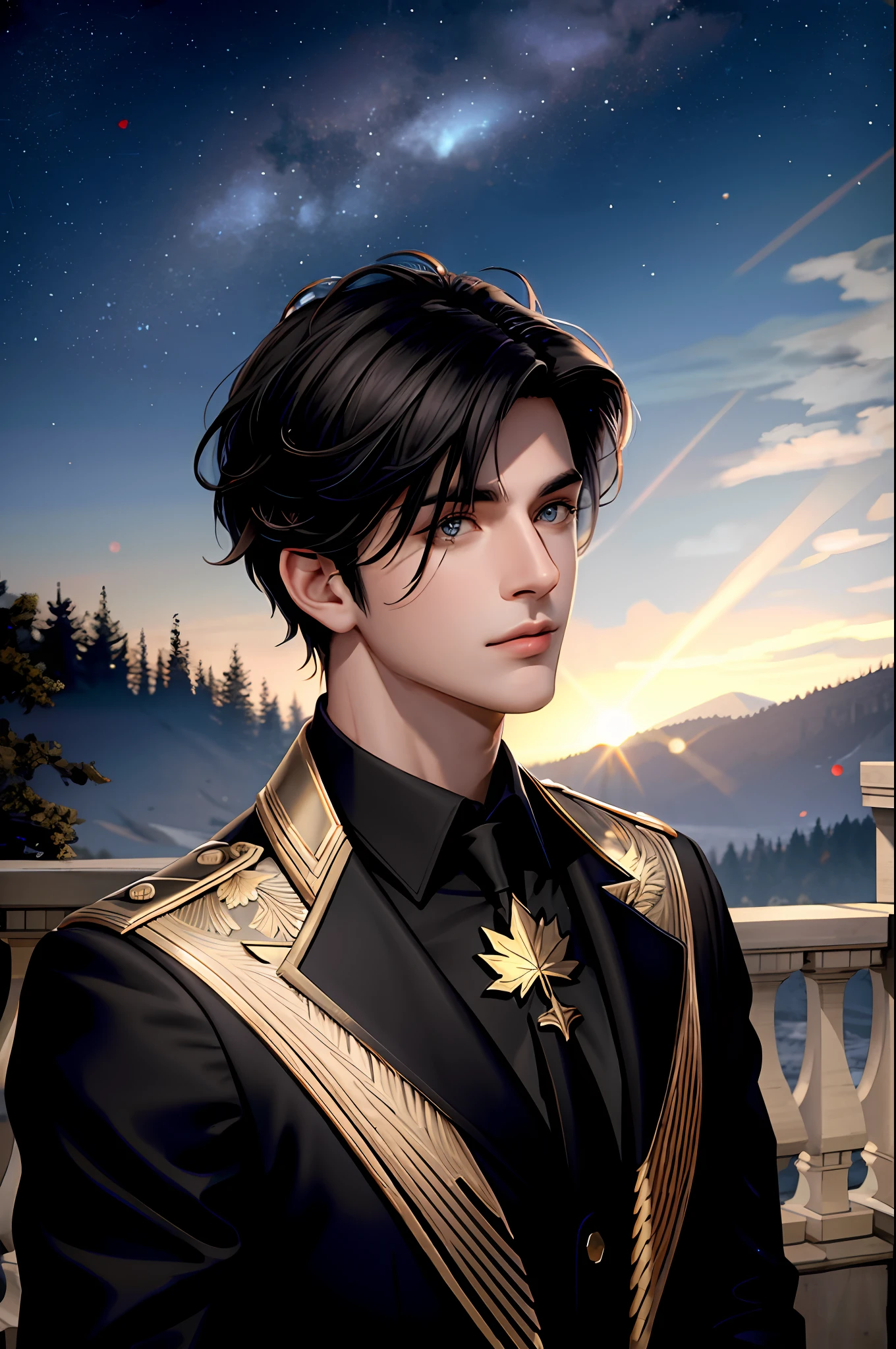 Masterpiece, Best Quality, High Quality, HD, High Quality Textures, High Quality Shadows, High Detail, Realistic, Cinematic Light, Side Light, Lens Halo, Ray Tracing, Sharp Focus, Black Hair, Short Hair, Mysterious, Starry Sky, Handsome Man, Maple Leaf