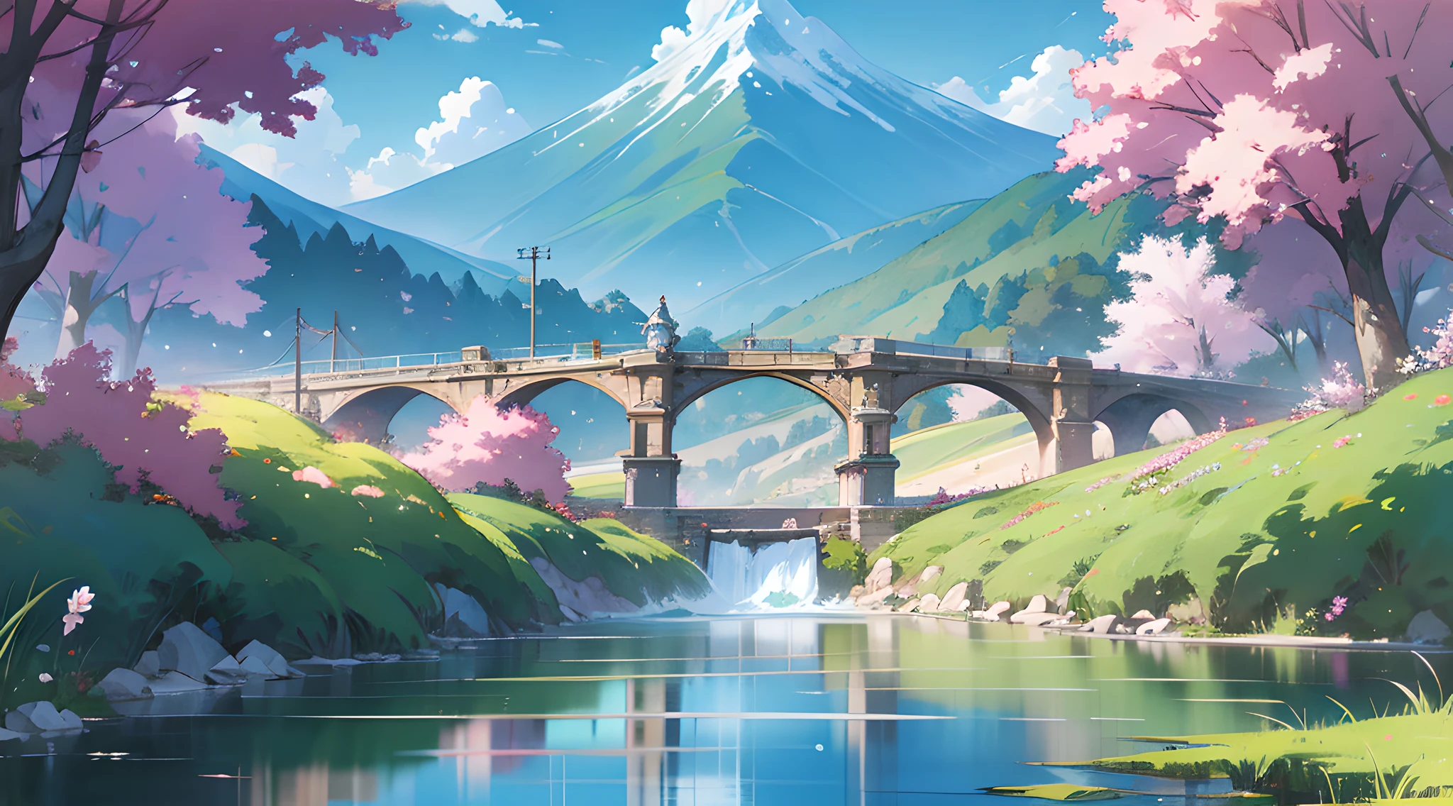 (landscape pastoral, anime style) bright and fresh, colorful, [distant mountains + elegant architecture + water flow + anime characters], bright colors, bright lines, full of vitality, exquisite details, high-definition picture quality, with suitable [lighting + lens effects], presenting a beautiful [landscape + characters], pleasing to the eye.