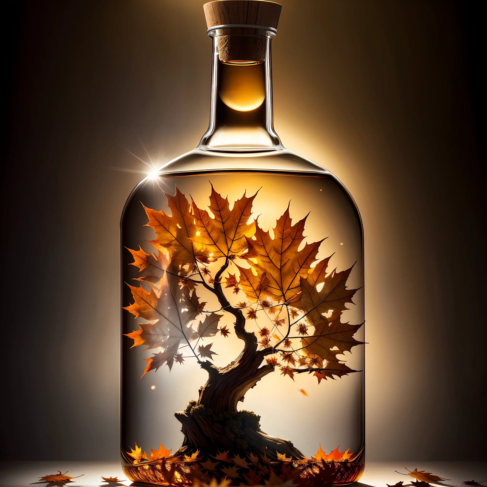 Maple tree in a bottle, autumn leaves, fluffy, realistic, refraction of atmospheric light, white background, by Lee Jeffries Nikon D850 Film Stock Photo 4 Kodak Portra 400 Camera f1.6 lens Rich colors Ultra-realistic realistic textures Dramatic lighting Unreal Engine Trending at Art Station Cinestir 800, Style Glass