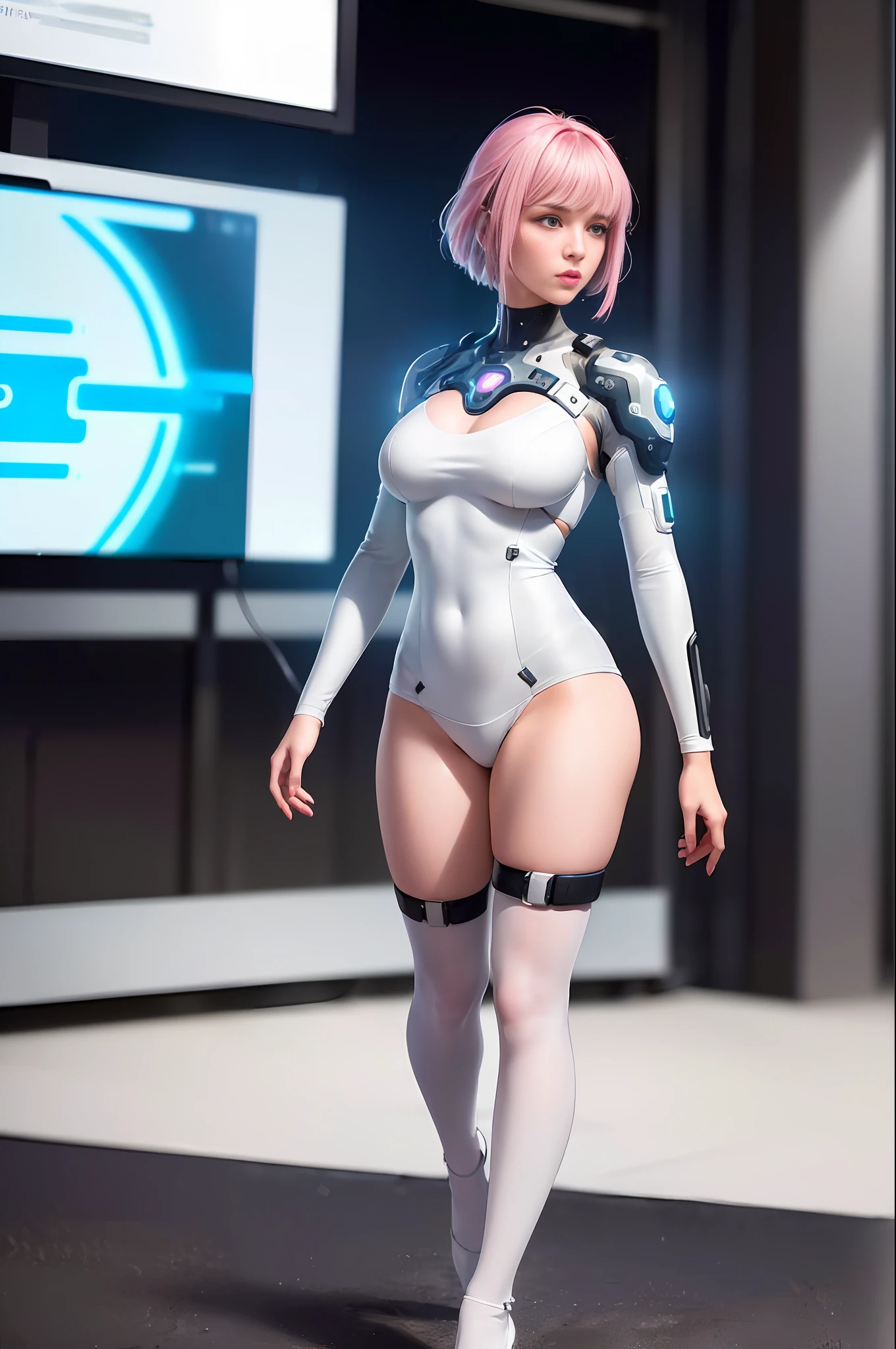 (ultra high res,photorealistic,realistic,best quality,photo-realistic),
(8k, raw photo, best quality, masterpiece),
(photon mapping, radiosity, physically-based rendering,automatic white balance),
technological sense, best quality, masterpiece, illustration,CG ,unity ,wallpaper, official art,
Amazing, finely detail, an extremely delicate and beautiful,extremely detailed,
highly detailed, sharp focus,rich background,blurry background,
(real person,photograph),
(((high detailed skin,visible pores))),1 girl,full body,(((Ghost In The Shell)))
(((face close-up,haunting smile,moist lips))),
((irises and pupils are rounded,the pupil reflects the surroundings)),
((Big eyes,perfect eyes,watery eyes)),
((short hair,pink hair,thick bangs)),
((small breasts)), ((Cyberpunk 2077,Future, City, skyscraper)), (((Neon, Display Screen, Advertising))), Night, Flooding, Reflection,Tight white combat uniform, stainless steel,LED,laser,((Data cable, optical fiber, computer,VR)),current, 25 years old woman, lean hip