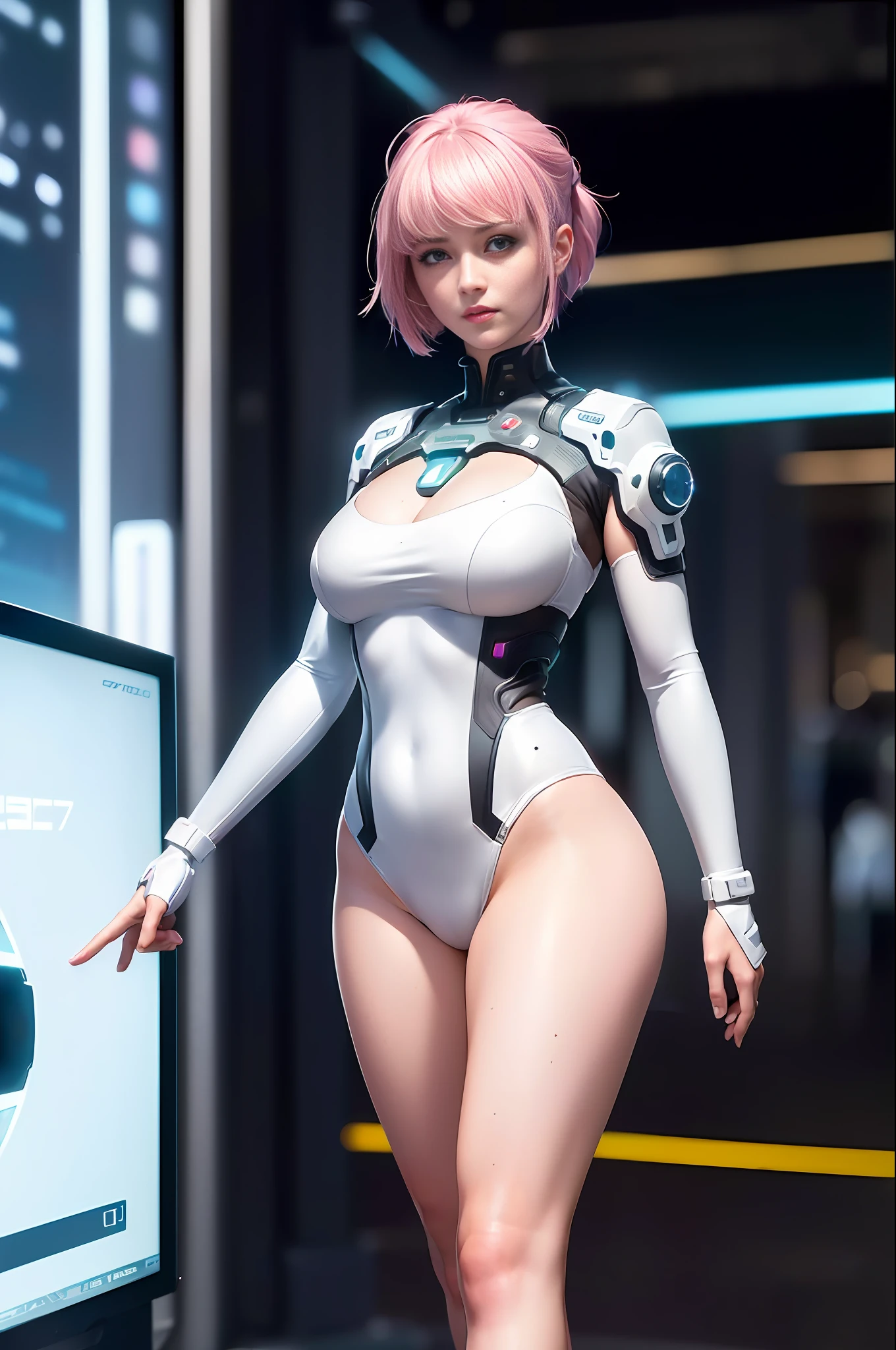 (ultra high res,photorealistic,realistic,best quality,photo-realistic),
(8k, raw photo, best quality, masterpiece),
(photon mapping, radiosity, physically-based rendering,automatic white balance),
technological sense, best quality, masterpiece, illustration,CG ,unity ,wallpaper, official art,
Amazing, finely detail, an extremely delicate and beautiful,extremely detailed,
highly detailed, sharp focus,rich background,blurry background,
(real person,photograph),
(((high detailed skin,visible pores))),1 girl,full body,(((Ghost In The Shell)))
(((face close-up,haunting smile,moist lips))),
((irises and pupils are rounded,the pupil reflects the surroundings)),
((Big eyes,perfect eyes,watery eyes)),
((short hair,pink hair,thick bangs)),
((small breasts)), ((Cyberpunk 2077,Future, City, skyscraper)), (((Neon, Display Screen, Advertising))), Night, Flooding, Reflection,Tight white combat uniform, stainless steel,LED,laser,((Data cable, optical fiber, computer,VR)),current, 25 years old woman, lean hip