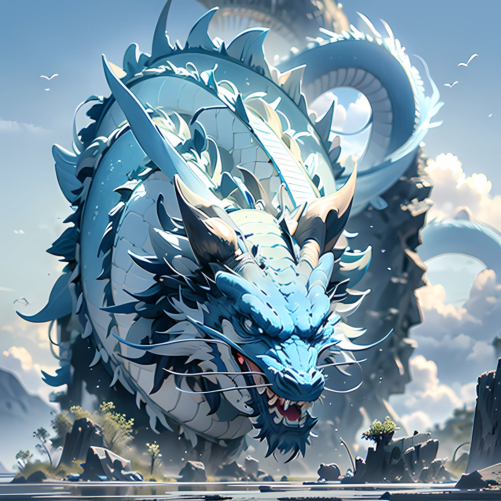 On the island, there is a Chinese dragon frozen blue, islet, island, sharp teeth, 4K, super detail,