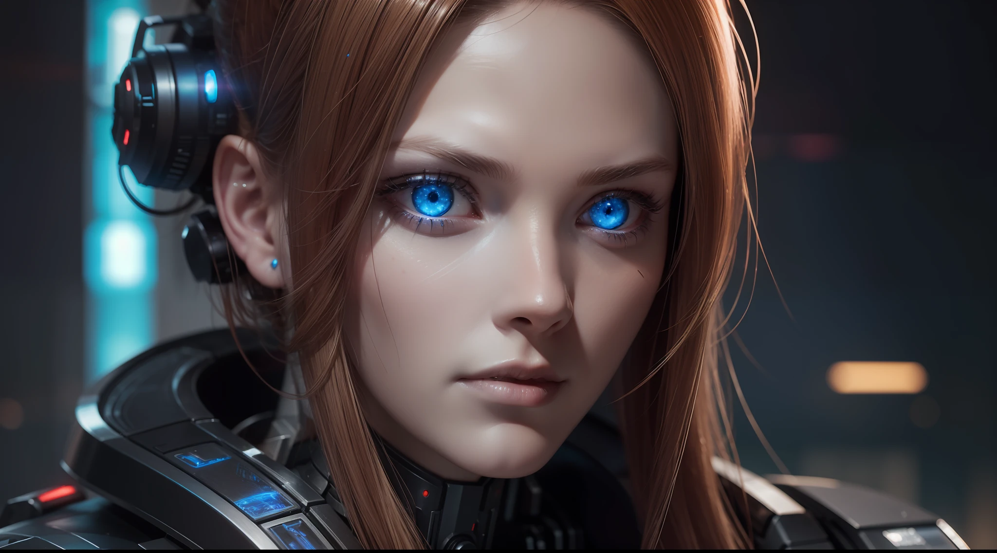 (50mm photographic portrait of a cyborg:1.1), beautiful woman [blonde | redhead] with blue eyes, laserbeam, intricate details, details, night city, perfect skin, hyper-realism, cyberpunk environment