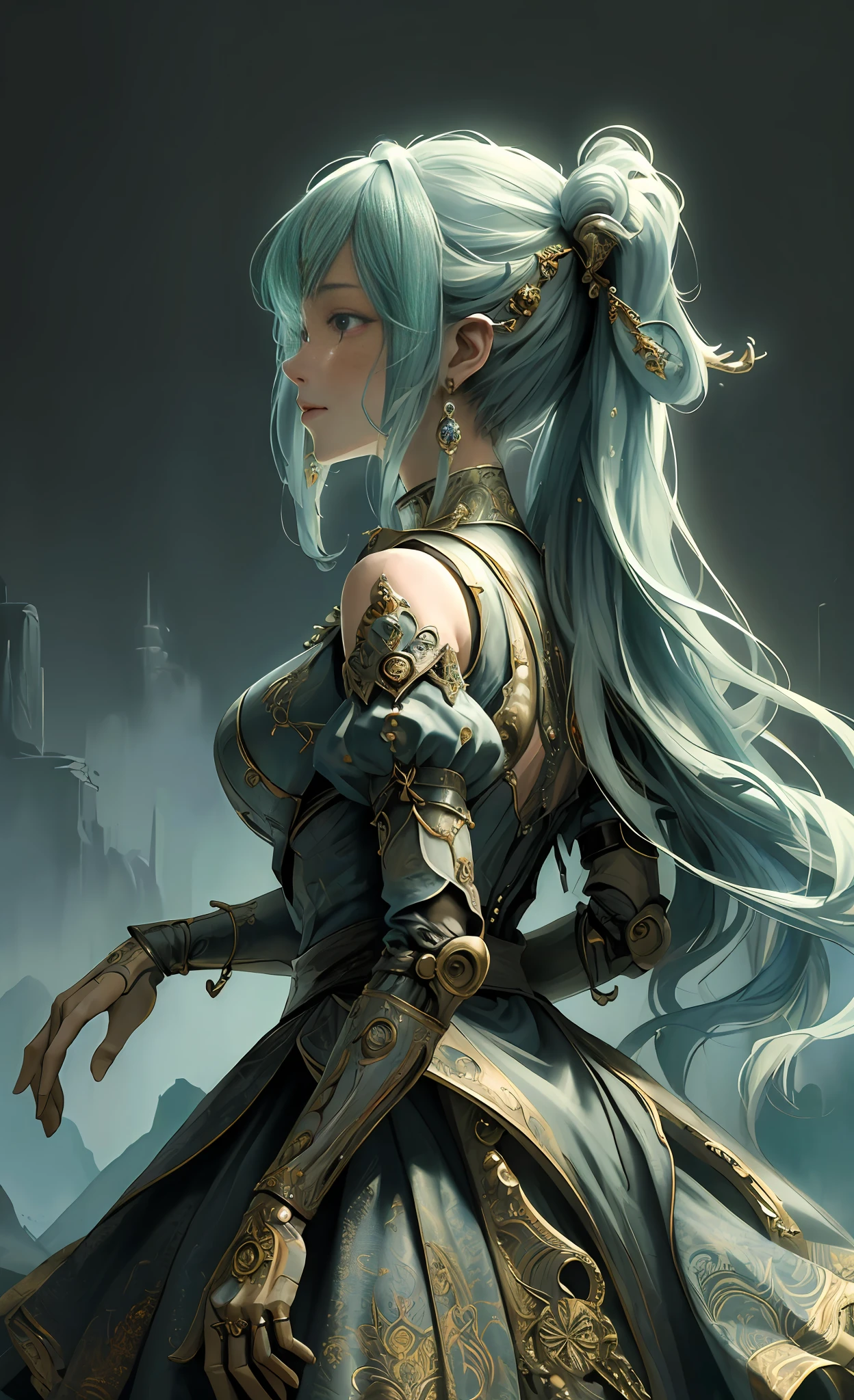 (((highest image quality, best quality, masterpiece, transcendent beauty))), the most detailed skin, back, profile, huge demon castle, post-apocalyptic world, mandala