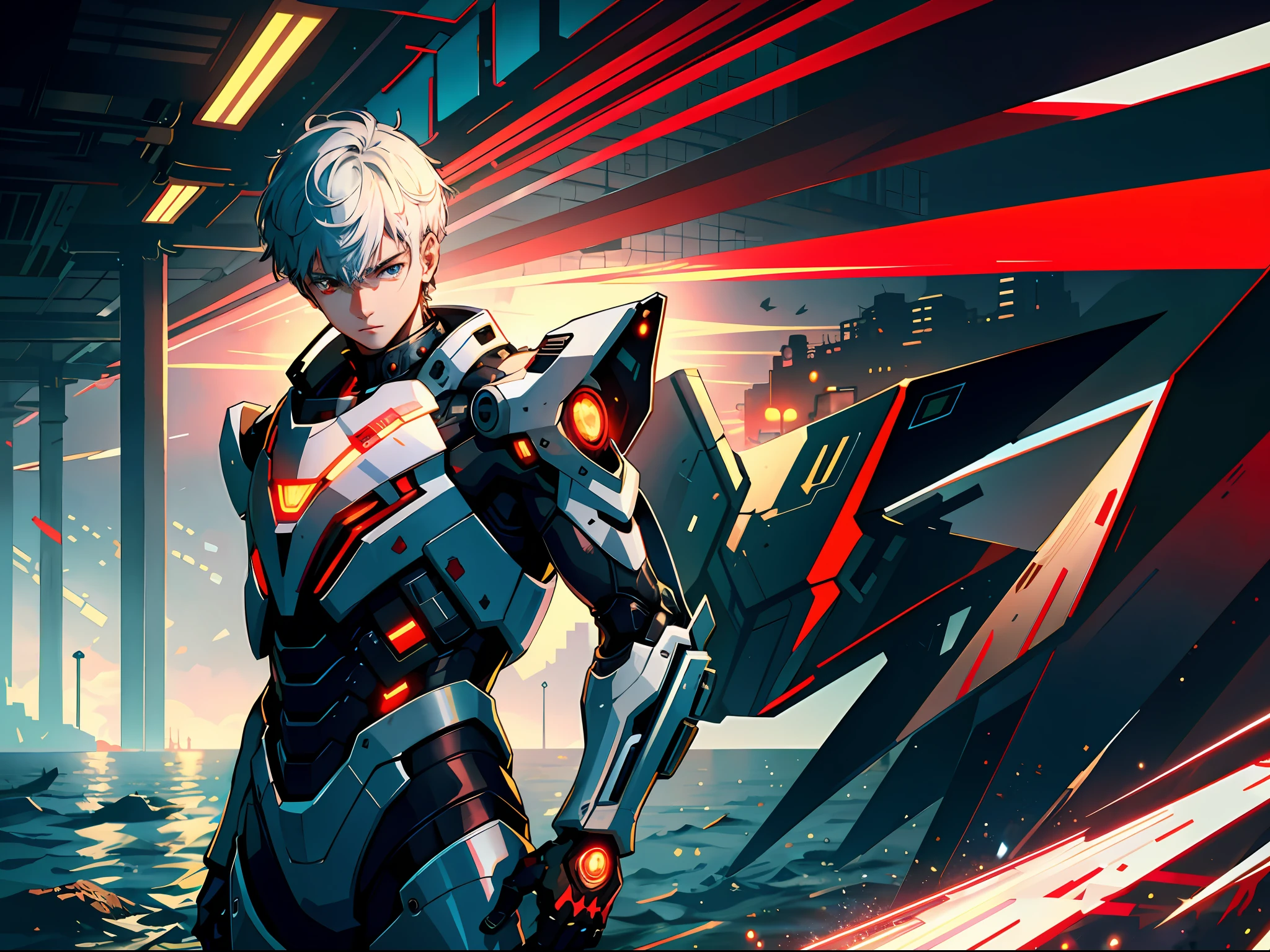 HD clear, best images, illustrations, super detailed, a young teenager in a cyberpunk style (white combat suit), detailed face, and facial features, standing on the seaside pier, revealing a deep breathing expression, behind him is a huge red mech