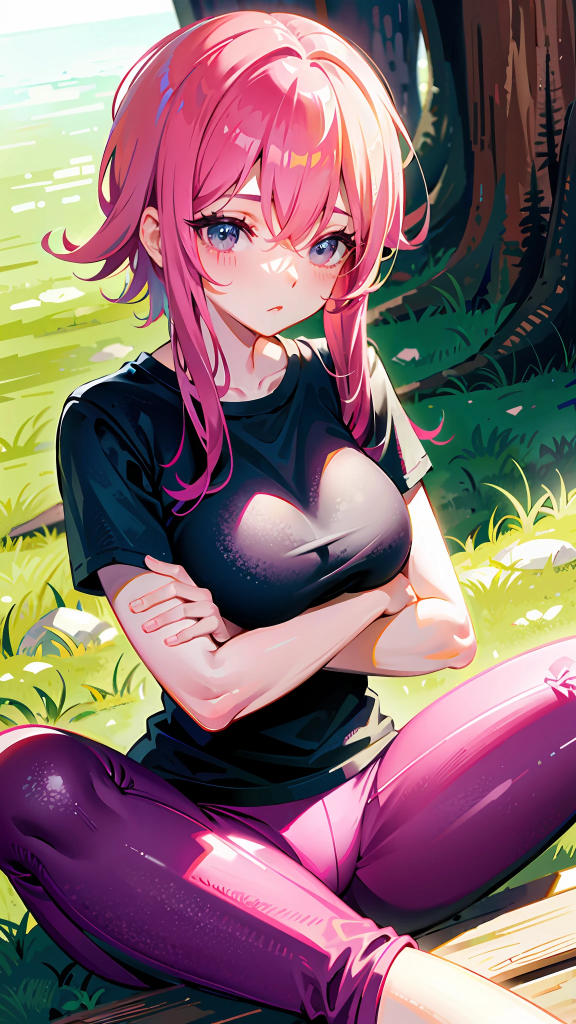 Pink yoga pants, hands on knees, pouting, thick legs, sitting on grass