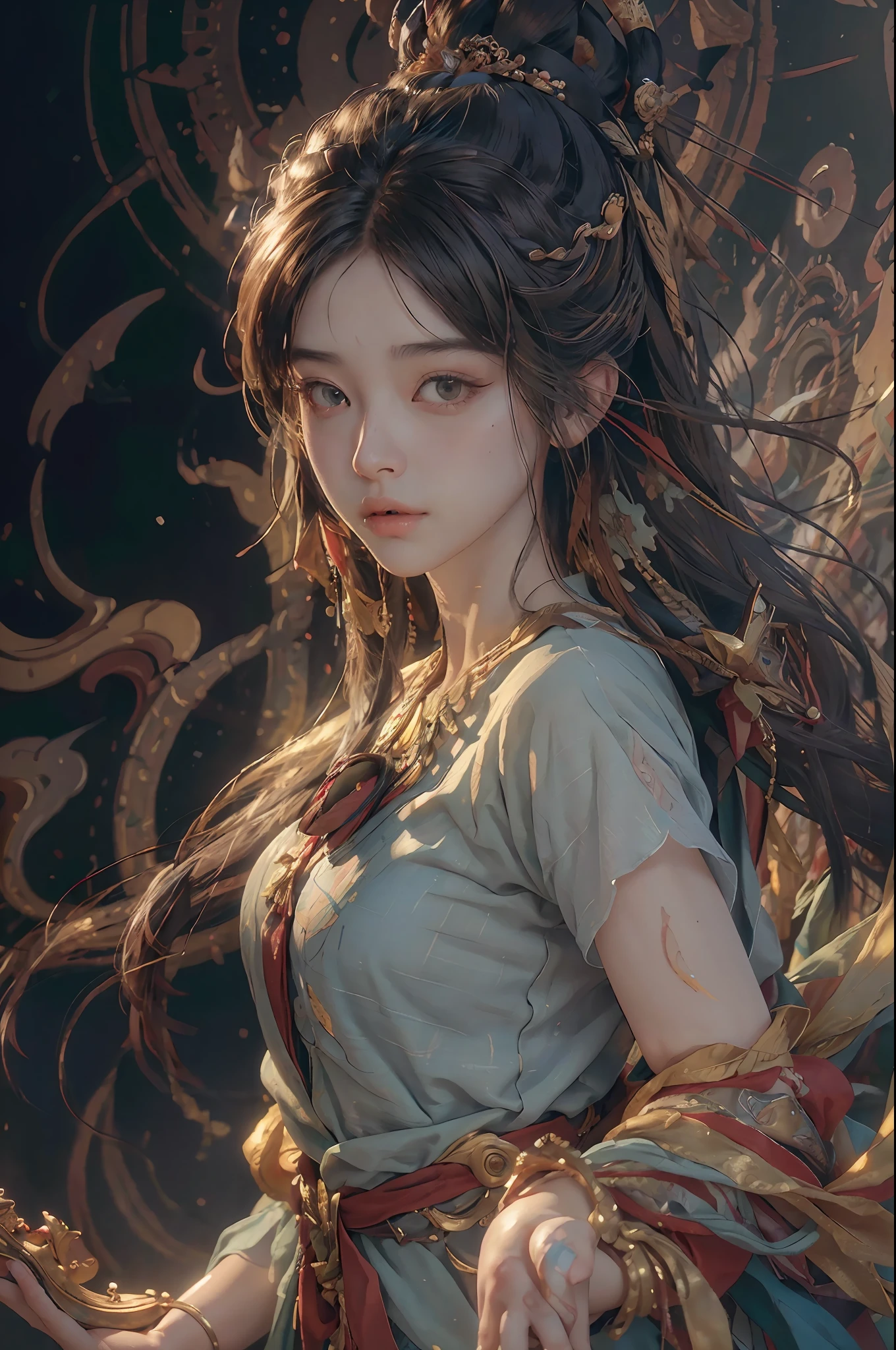 (RAW photo, best quality), (realistic, photo-realistic:1.3),best quality,highly detailed,masterpiece,ultra-detailed,illustration,1girl,upper_body,dynamic angle,world masterpiece theater,messy_long_hair,best quality,extremely detailed CG unity 8k wallpaper,ink,Amazing,cinematic lighting,lens_flare, dunhuang_style