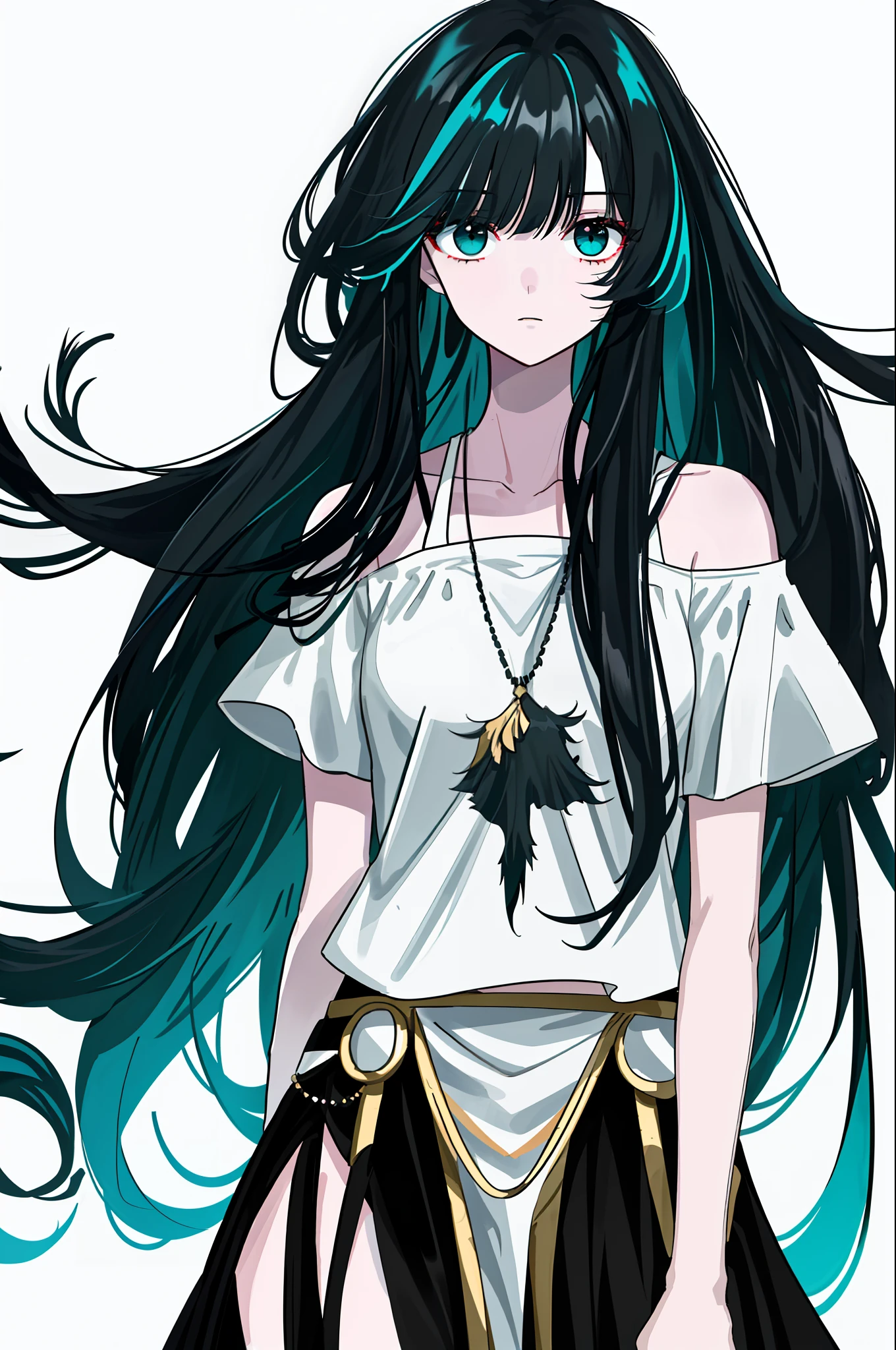Best Quality, High Quality, 8K, 1 Girl, Long Black Turquoise Hair, Slanted Bangs, Loose White Shirt, ((Dark Circles)), Messy Hair, Decadent, Black Eyes, Bare Shoulders, Half Squinted