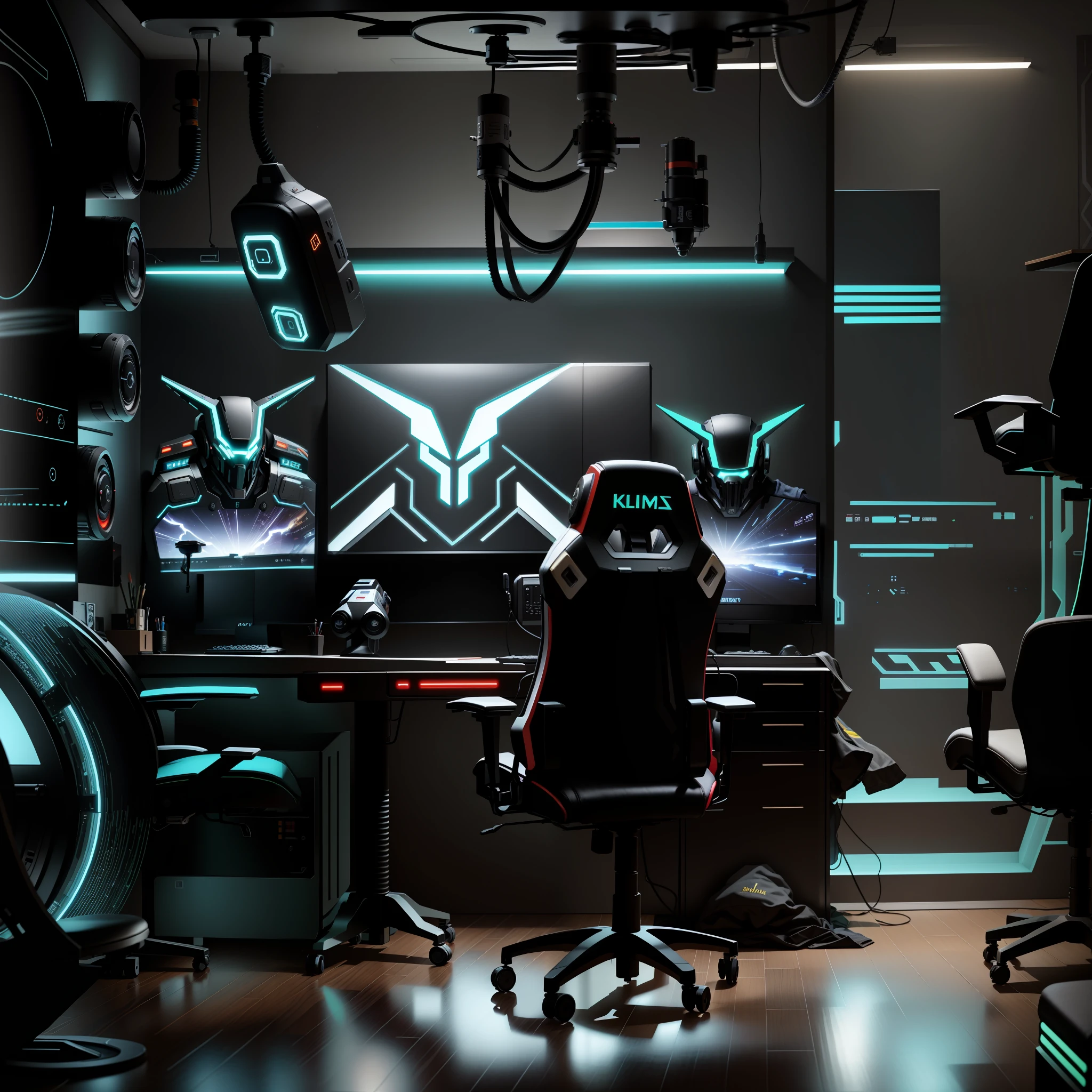 There is a gaming table with a gamer chair and a television in the gamer room, a games room, in a cyberpunk themed room, games room in 2 0 4 0, award-winning interior design, home office interior, with retro science fiction furniture, gamer theme, indoor play style, gaming chair like a bathroom, backrooms office space, manly design, home office