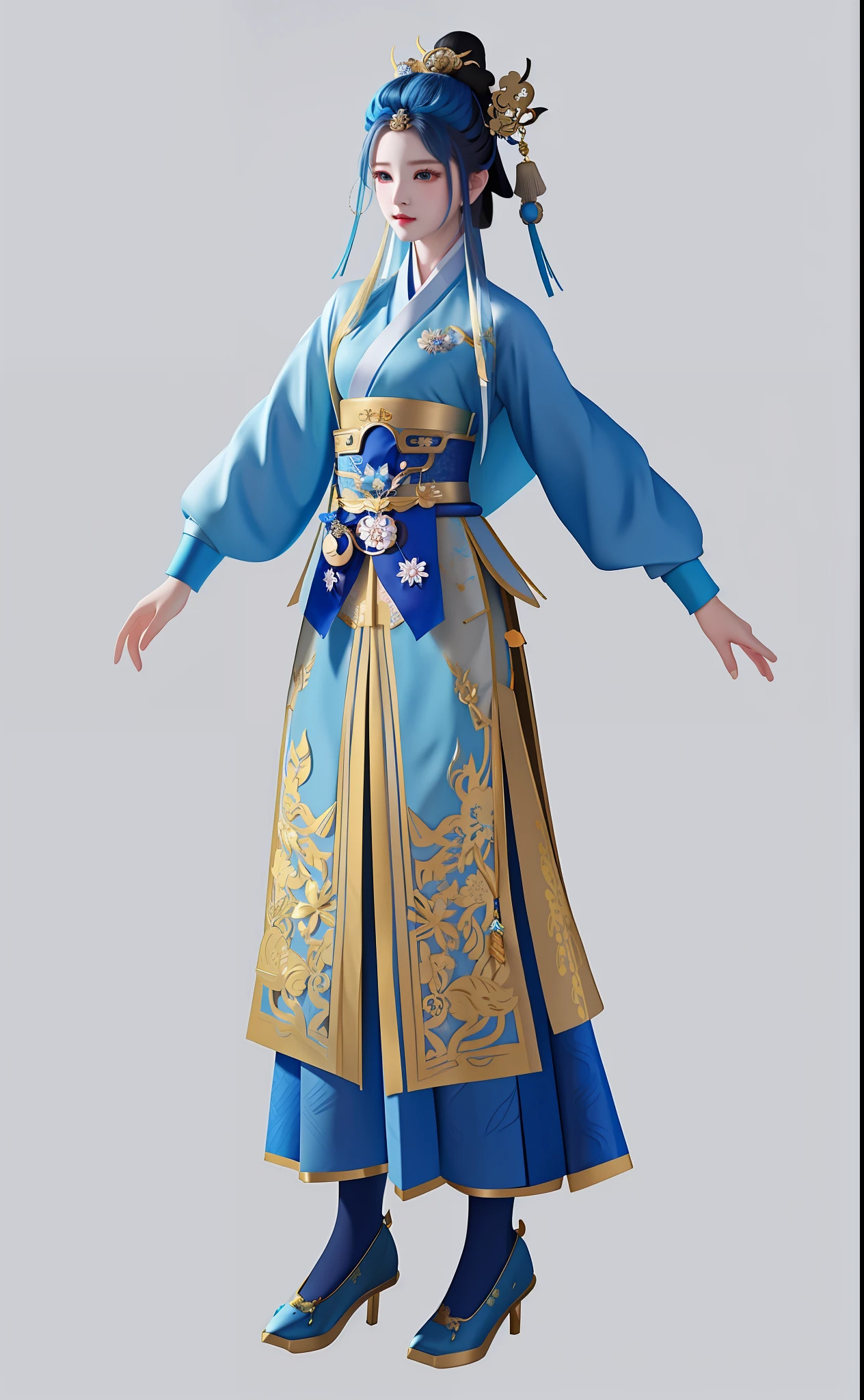 The costume is blue, a woman in a skirt, palace, girl in Hanfu, highly detailed figure, full body fairy, inspired by Lan Ying, wearing ancient Chinese clothing, very detailed and rich clothing, meticulous full body concept, inspired by Li Meishu, inspired by Guo Xi, the clothes are blue