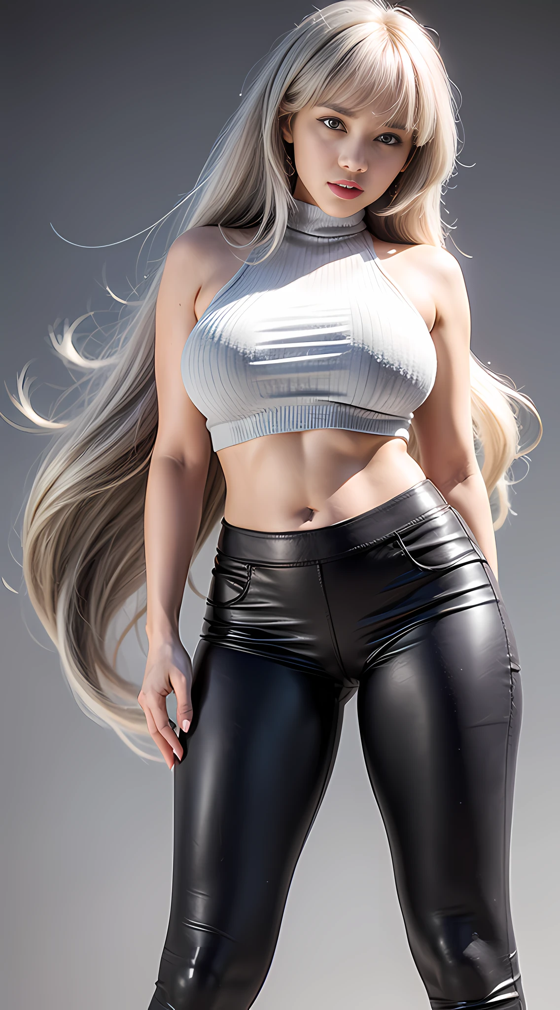 girl, bangs, bare shoulders, black pants, breasts, breasts squeezed together, gray background, hair between eyes, long hair, view viewer, pants, parted lips, red eyes, shirt, simple background, sleeveless, sleeveless shirt, solo, turtleneck sweater, v-arms, gray hair, (shiny skin), (Masterpiece: 1.4), (Best Quality: 1.4) Facigirl, Red Lips, Perfect Abs, Navel, (: 1.5), (Clear Areola), Huge, Real Sweat, Greasy, Full Body, Appropriate Posture