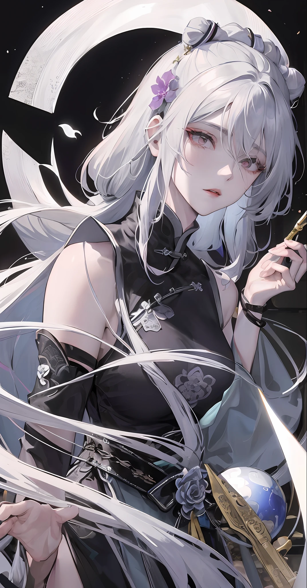 Masterpiece, Best, Night, Full Moon, 1 Female, Mature Woman, Chinese Style, Ancient China, Elder Sister, Royal Sister, Cold Face, Expressionless, Silver White Long Haired Woman, Pale Pink Lips, Calm, Intellectual, Three Belts, Gray Hitomi, assassin, dagger, flower ball background, street view