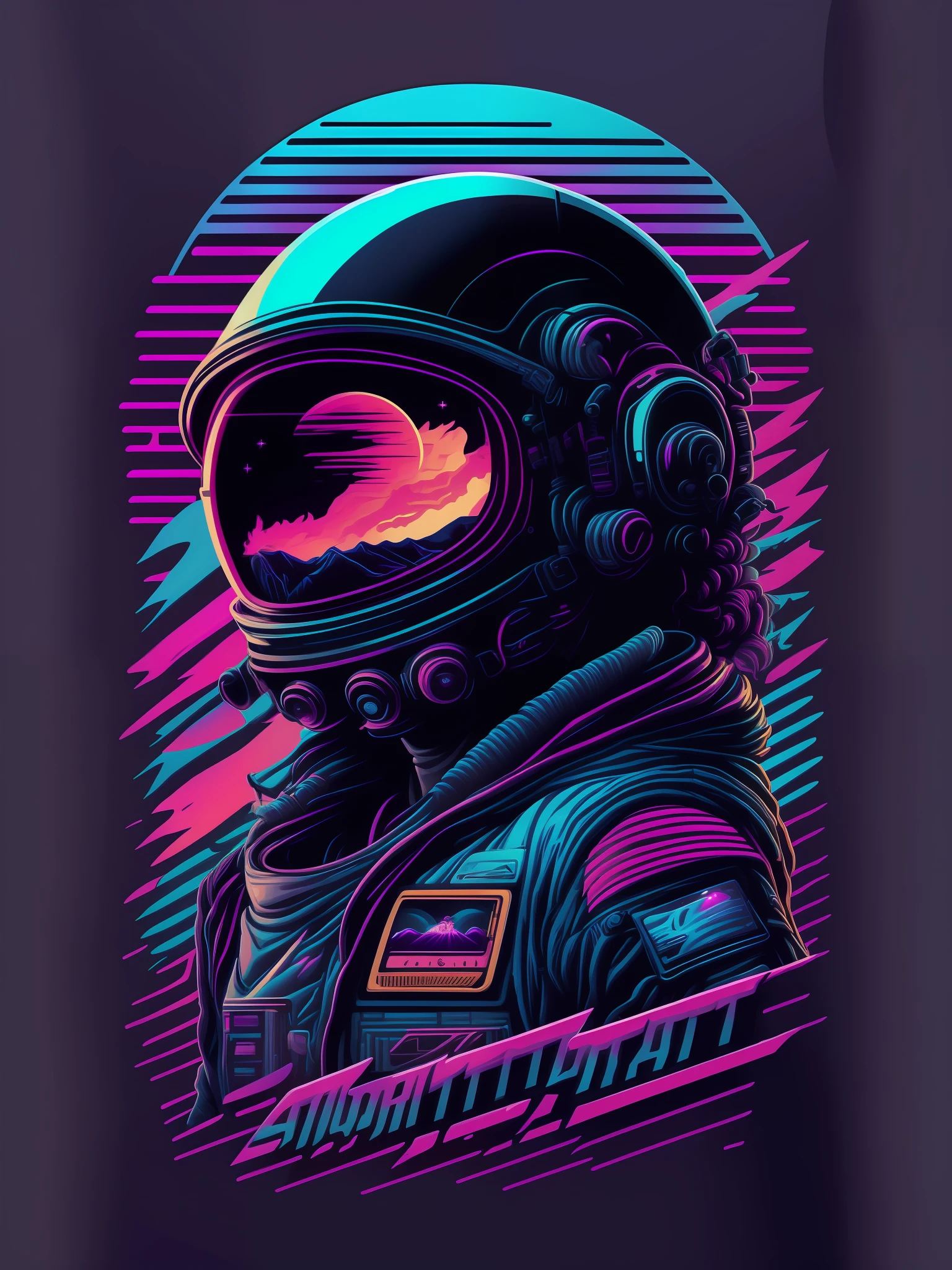 Synthwave astronaut with glasses, vector logo sticker, masterpiece, sleeve pulp style, flat shading, solid background color, t-shirt design