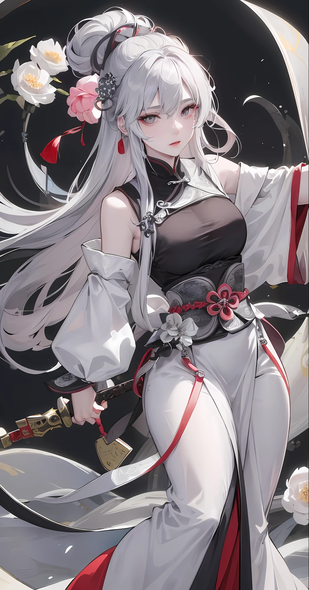 Masterpiece, Best, Night, Full Moon, 1 Female, Mature Woman, Chinese Style, Ancient China, Elder Sister, Royal Sister, Cold Face, Expressionless, Silver White Long Haired Woman, Pale Pink Lips, Calm, Intellectual, Three Belts, Gray Hitomi, assassin, dagger, flower ball background, street view
