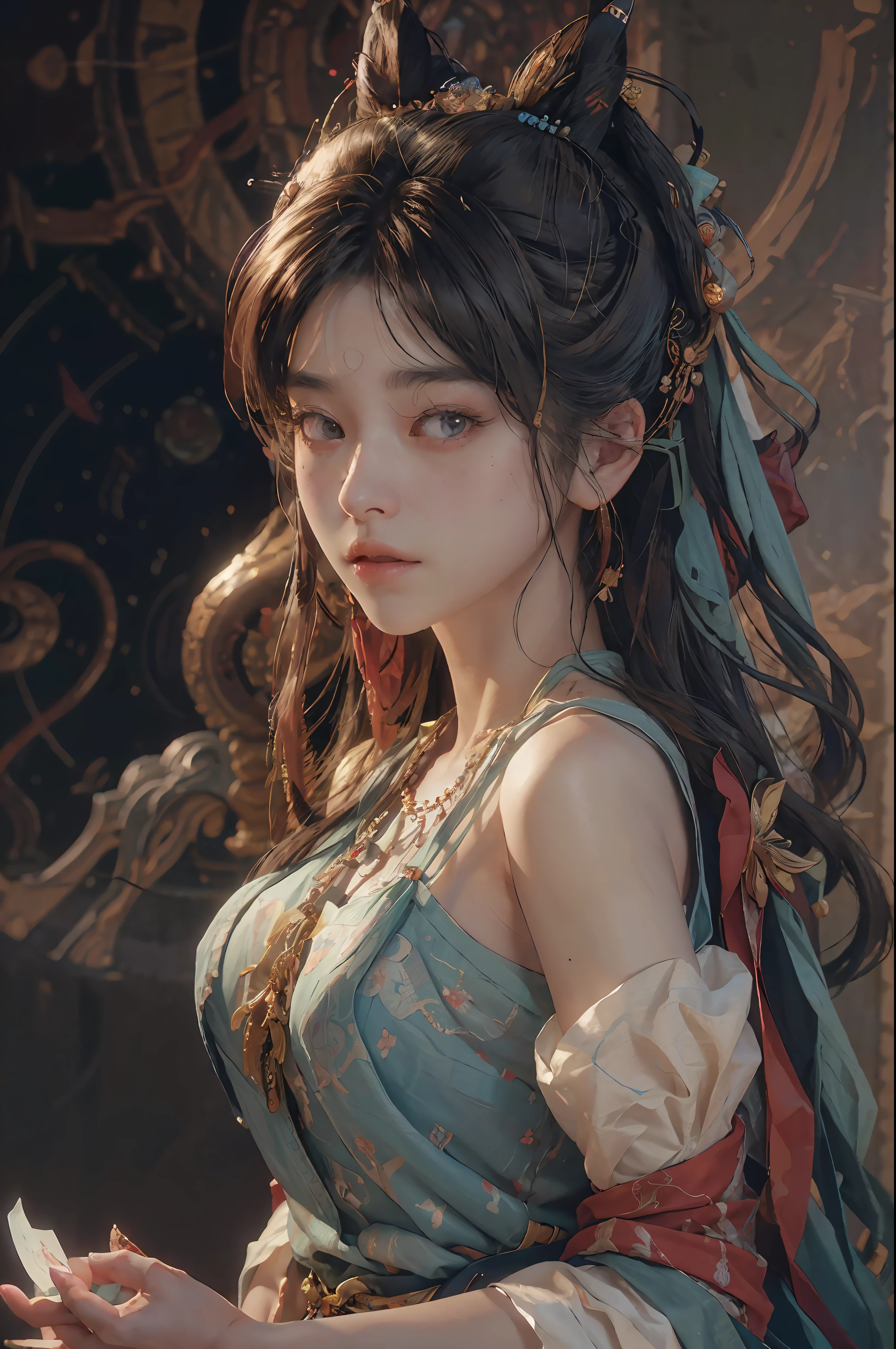 (RAW photo, best quality), (realistic, photo-realistic:1.3),best quality,highly detailed,masterpiece,ultra-detailed,illustration,1girl,upper_body,dynamic angle,world masterpiece theater,messy_long_hair,best quality,extremely detailed CG unity 8k wallpaper,ink,Amazing,cinematic lighting,lens_flare, dunhuang_style