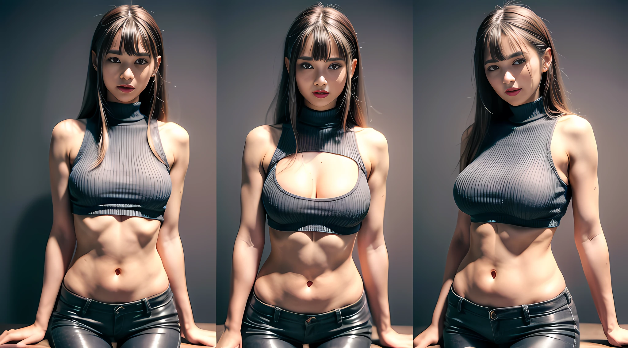 girl, bangs, bare shoulders, black pants, breasts, breasts squeezed together, gray background, hair between eyes, long hair, view viewer, pants, parted lips, red eyes, shirt, simple background, sleeveless, sleeveless shirt, solo, turtleneck sweater, v-arms, gray hair, (shiny skin), (Masterpiece: 1.4), (Best Quality: 1.4) Facigirl, Red Lips, Perfect Abs, Navel, (: 1.5), (Clear Areola), Huge, Real Sweat, Greasy, Full Body, Appropriate Posture