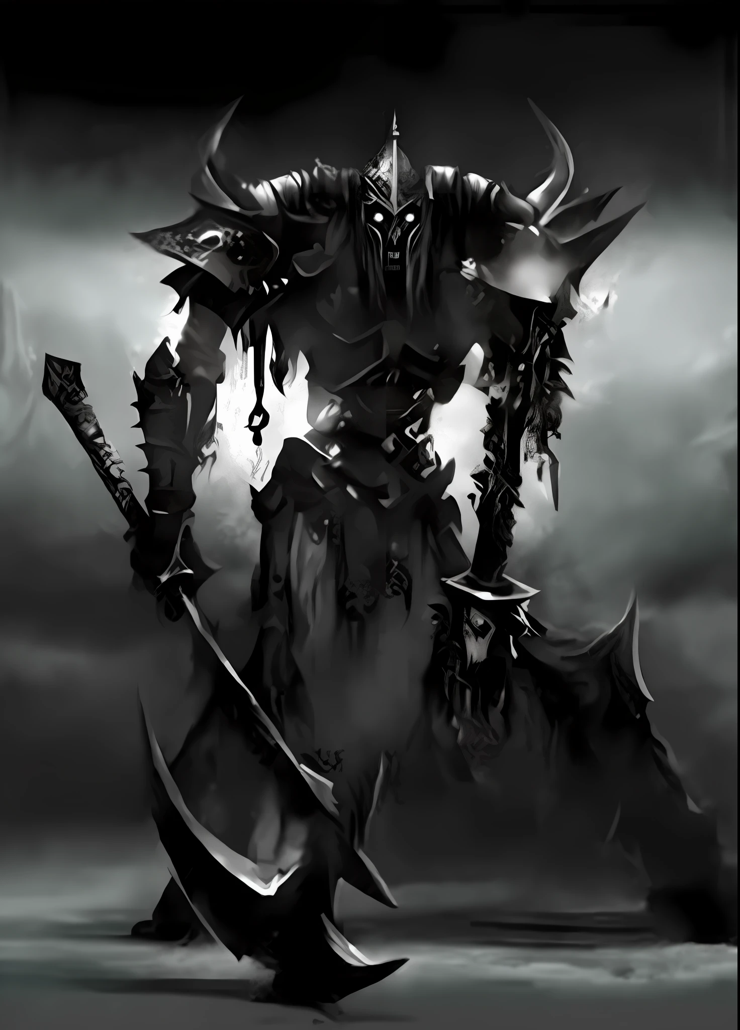 a black and white photo of a giant demonic creature with a large axe, deathknight, the harbringer of death, death knight, lich, undead lich, undead knight, known as voryn dagoth in life, demon knight of death, d & d lich, lich demon mage class, from doom and warhammer, warhammer 4 0 k fantasy, black metal style