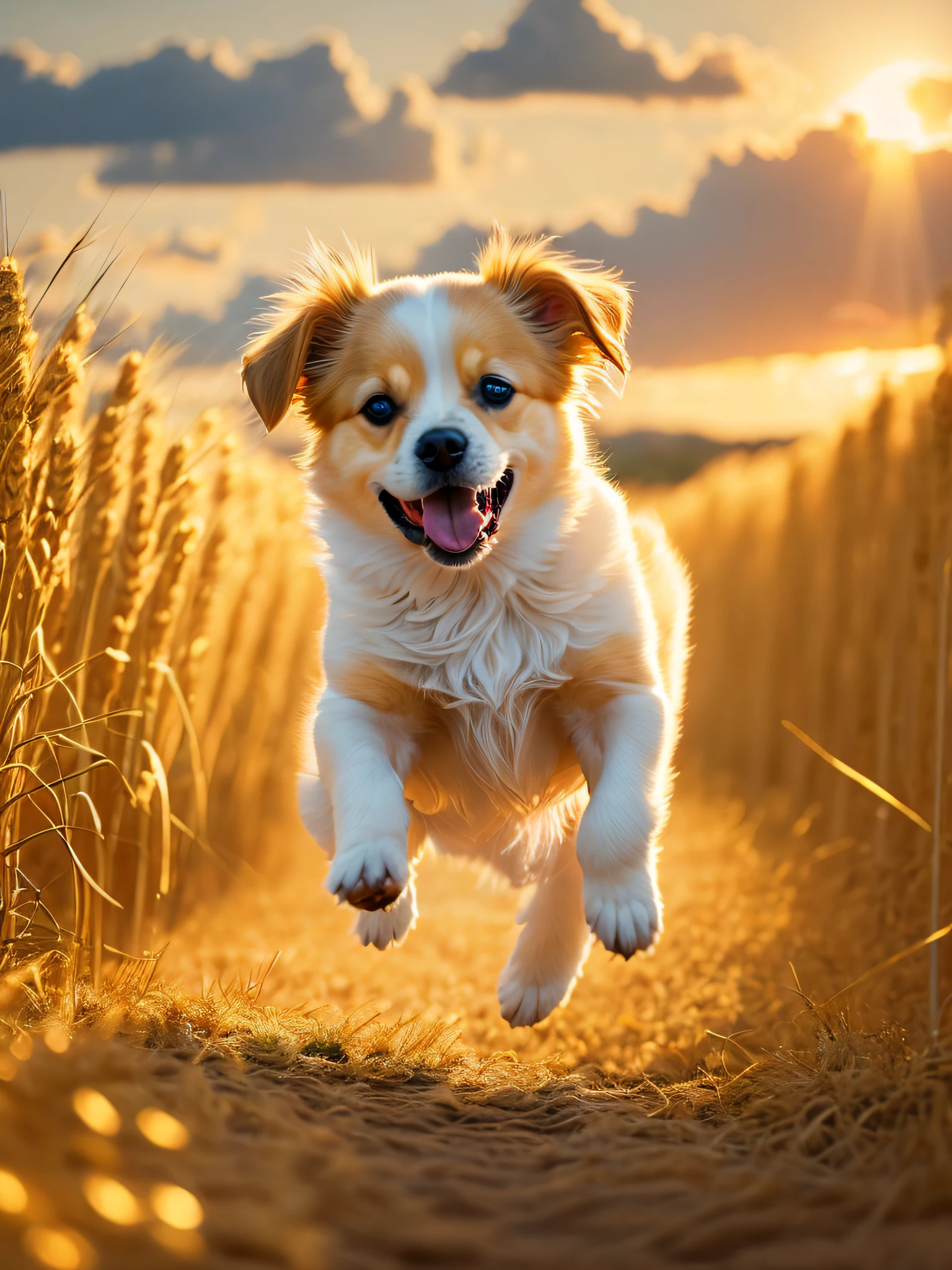 Photo of a very cute jumping puppy in a golden wheat field, sky at sunset, white clouds, soft volumetric light, (backlight: 1.3), (movie: 1.2), intricate details, (ArtStation: 1.3), Rutkowski