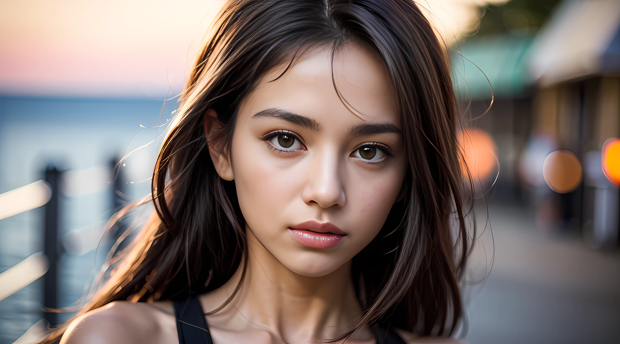 ((Realistic lighting, Best quality, 8K, Masterpiece:1.3)), Focus:1.2, 1girl, Perfect Figure:1.4, Slim Abs:1.1, ((Dark Brown Hair)), (White Crop Top: 1.4), (Outdoor, Seaside: 1.1), City Street, Super Fine Face, Fine Eyes, Double Eyelids,
