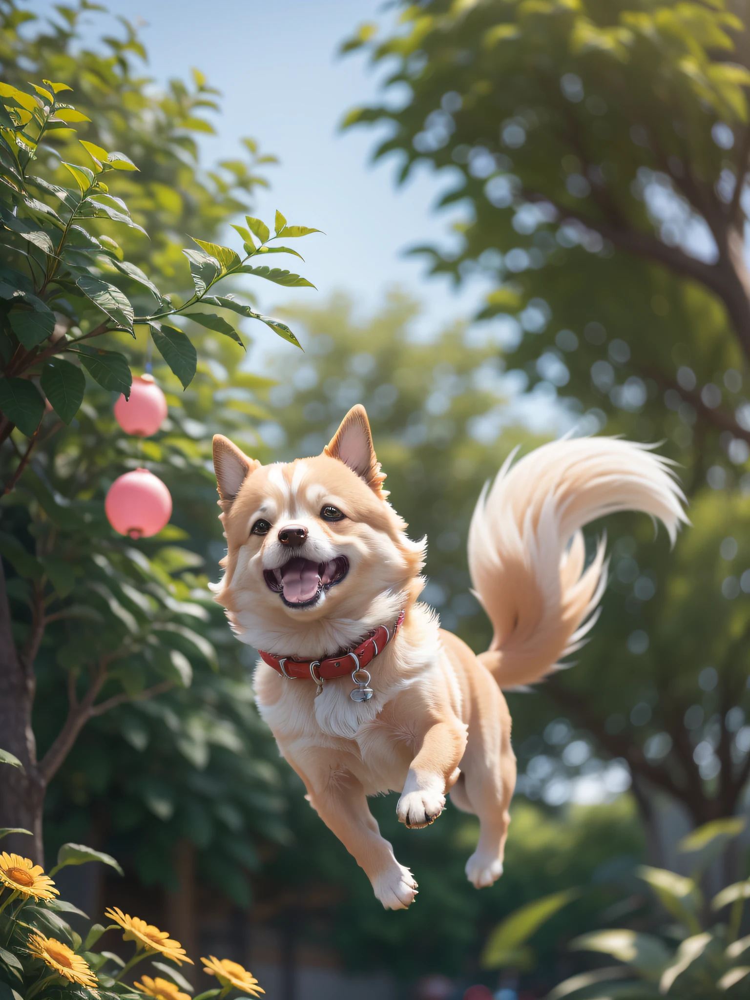 "Adorable chibi dog suspended in mid-air, sporting a cheerful countenance, set against a soft and dreamy bokeh background with a cinematic flair." --auto --s2
