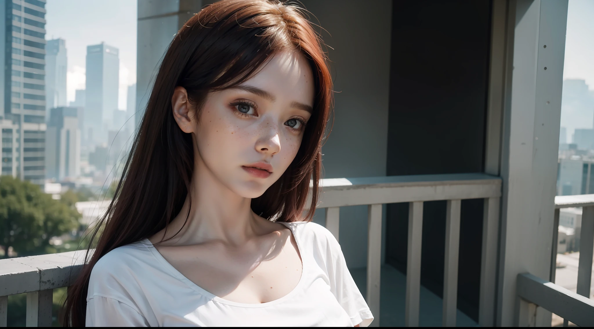 award-winning photo from waist up, portrait of a girl, redhead, freckles is sitting on a balcony, cyberpunk white shirt with V-neckline, breast visible through white T-shirt, slate atmosphere, cinematic, faded colors, dark shot, no sound colors, grainy film, insane details, intricate details, hyperdetailed, close-up, twilight, cyberpunk city background