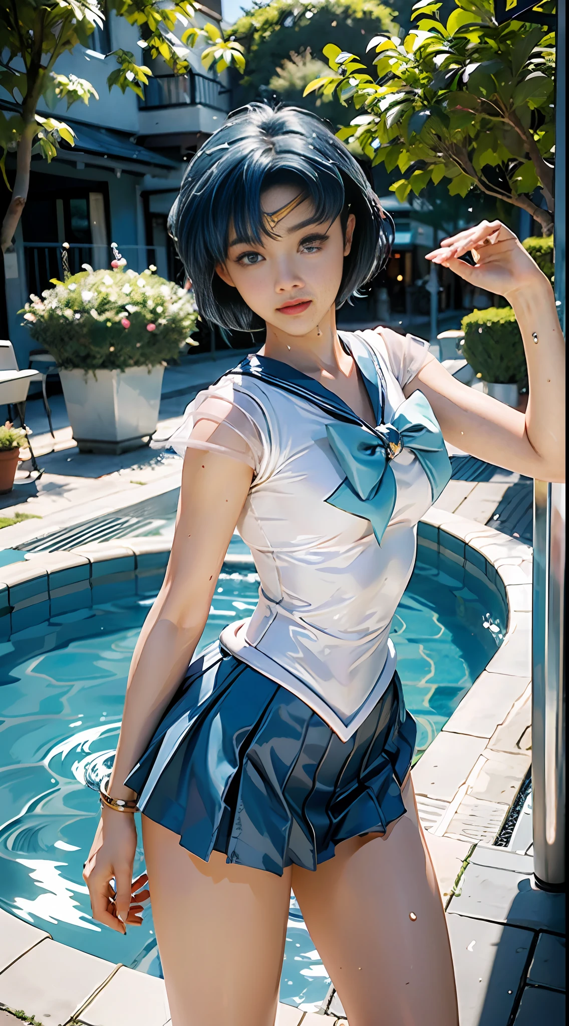 Best Quality, Masterpiece, Ultra High Resolution, (Realism: 1.4), Original Photo, A Twenty-Year-Old Girl, (Sailor Moon: 2.1) ((Ami Mizuno/Sailor Crystal, Sailor Mercury)), Charming Smile, Short Hair, Short Blue Hair, Vibrant Blue Eyes, Short Skirt, Looking at the Viewer, Pool in the Background, Dynamic Pose, OC Rendering, Water Splashing
