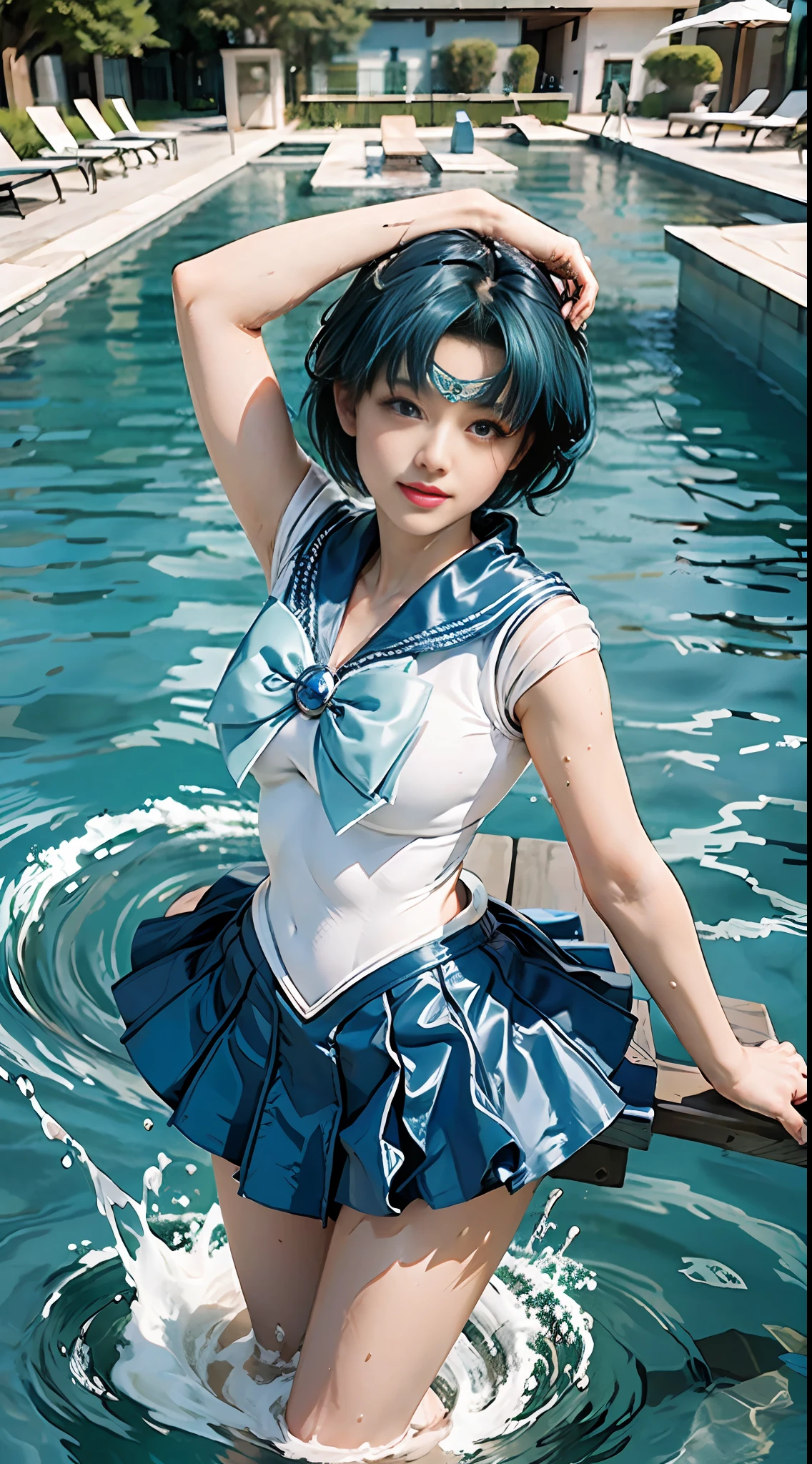 Best Quality, Masterpiece, Ultra High Resolution, (Realism: 1.4), Original Photo, A Twenty-Year-Old Girl, (Sailor Moon: 2.1) ((Ami Mizuno/Sailor Crystal, Sailor Mercury)), Charming Smile, Short Hair, Short Blue Hair, Vibrant Blue Eyes, Short Skirt, Looking at the Viewer, Pool in the Background, Dynamic Pose, OC Rendering, Water Splashing