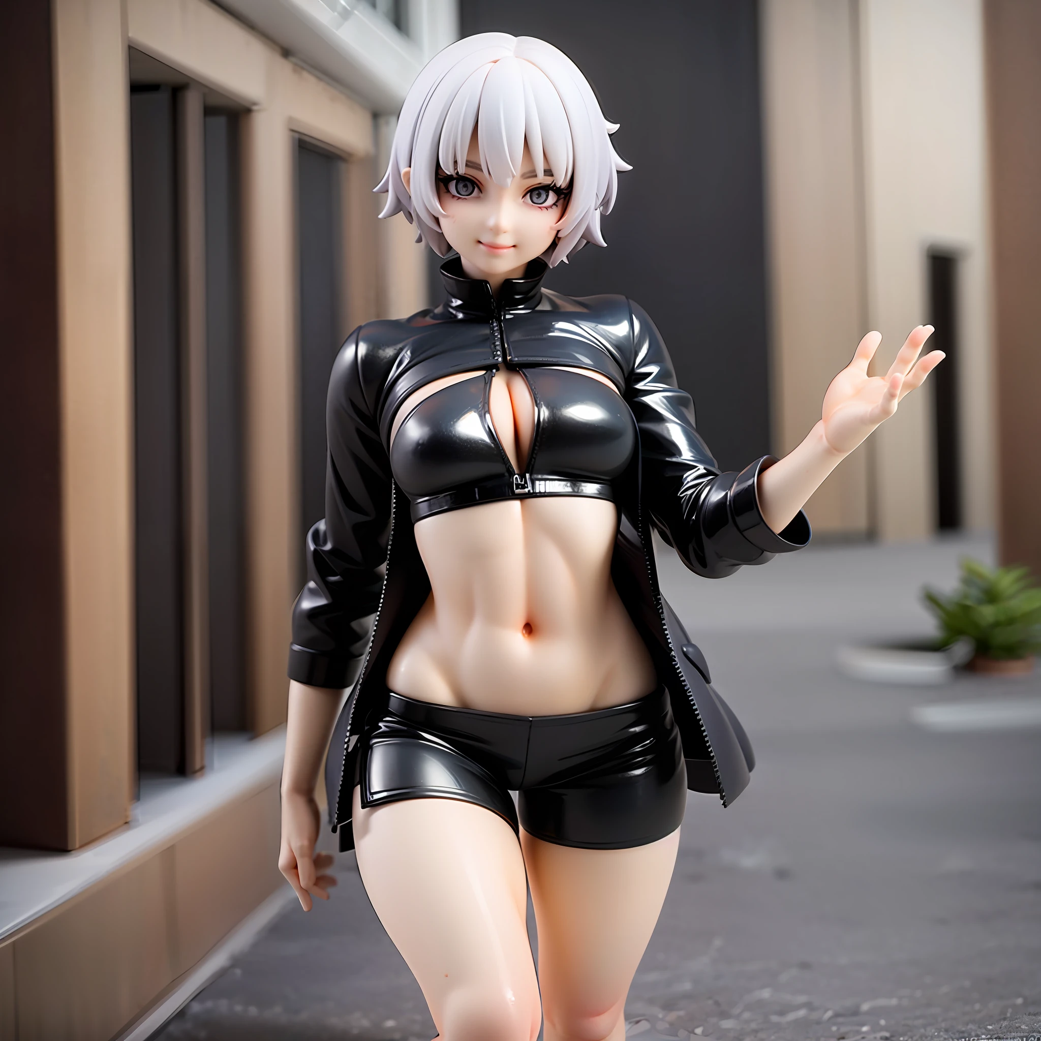 white hair, short cut,1girl,short pants, sneakers, beautiful eye, full body, dancing, looking away, black suit,[realistic], [3d], smile, closed mouth,(8k, RAW photo, best quality, masterpiece:1.2), ultra high res, photo realistic, professional lighting, detailed lighting, professional photography, high quality, high res, extremely detailed, bloom, depth of field, sketch, sharp focus, soft lighting, detailed, detailed skin, to8contrast style