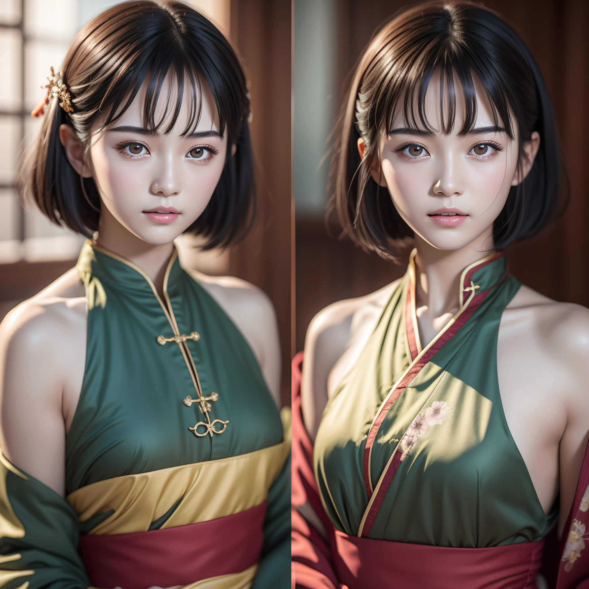A Chinese girl 18 years old Beautiful eyes, real skin, delicate face, full body picture, hanfu, clothing details, skin details, slim body, delicate and delicate, short hair, black hair, blunt bangs ,beauty, best quality, super detailed, masterpiece, fine detail, high resolution, 8k wallpaper, realistic details, skin details, super detailed, high resolution, extremely detailed, cinematic lighting texture, beautiful, perfect, hd