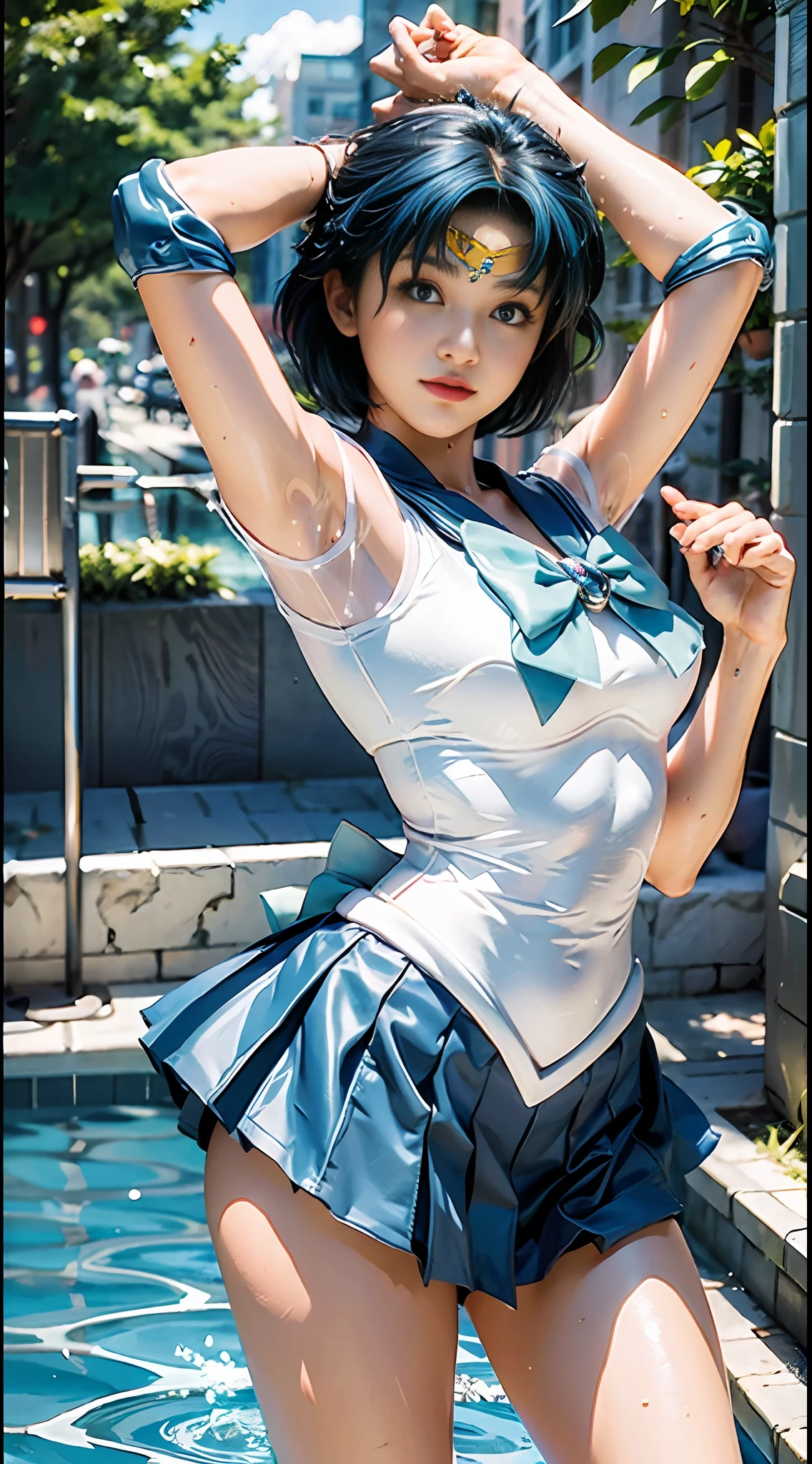 Best Quality, Masterpiece, Ultra High Resolution, (Realism: 1.4), Original Photo, A Twenty--Old l, (Sailor Moon: 2.1) ((Ami Mizuno/Sailor Crystal, Sailor Mercury)), Charming Smile, Short Hair, Short Blue Hair, Vibrant Blue Eyes, Short Skirt, Looking at the Viewer, Pool in the Background, Dynamic Pose, OC Rendering, Water Splashing