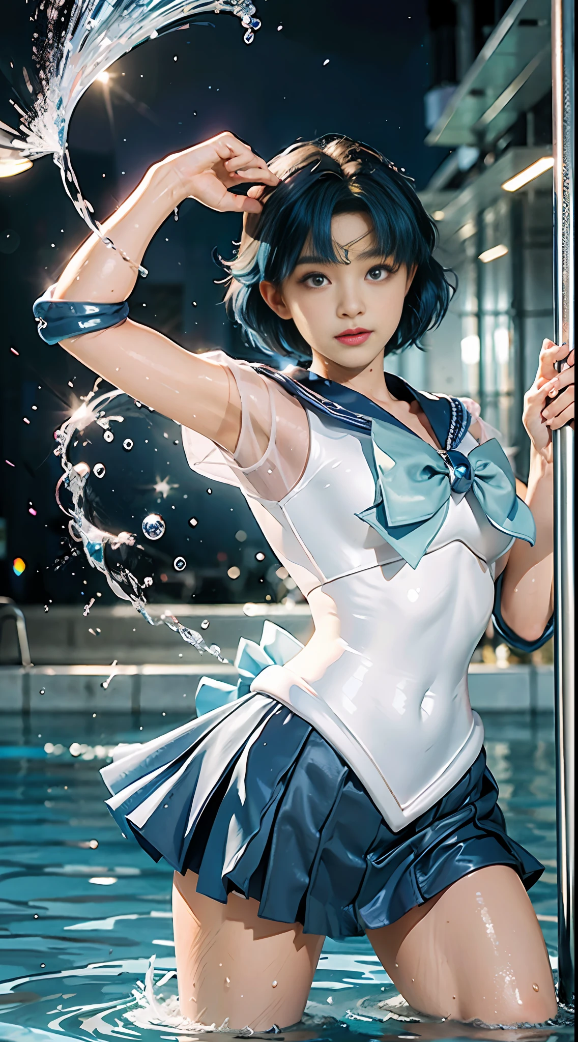 Best Quality, Masterpiece, Ultra High Resolution, (Realism: 1.4), Original Photo, A Twenty--Old l, (Sailor Moon: 2.1) ((Ami Mizuno/Sailor Crystal, Sailor Mercury)), Charming Smile, Short Hair, Short Blue Hair, Vibrant Blue Eyes, Short Skirt, Looking at the Viewer, Pool in the Background, Dynamic Pose, OC Rendering, Water Splashing