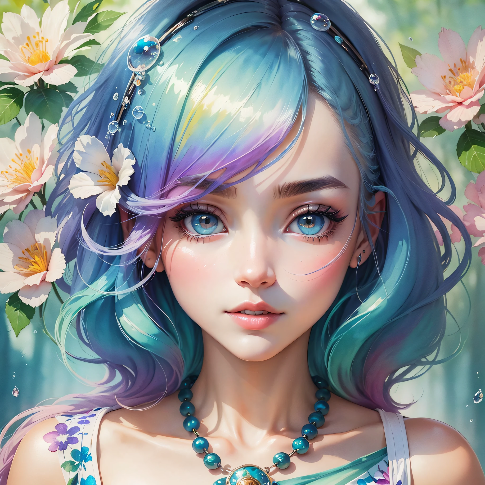 (Best Quality), (Masterpiece: 1.2), (Colorful: 0.9), (Ink Splash), (Color Splash), (Watercolor)), Sharp Focus, (Portrait Summer Goddess: 1.5), Cute Look, Elegant Pastel Haircut, Beautiful and Detailed Face and Eyes, Elegant Goddess Clothes, Summer Forest Background, Colored Water --auto --s2