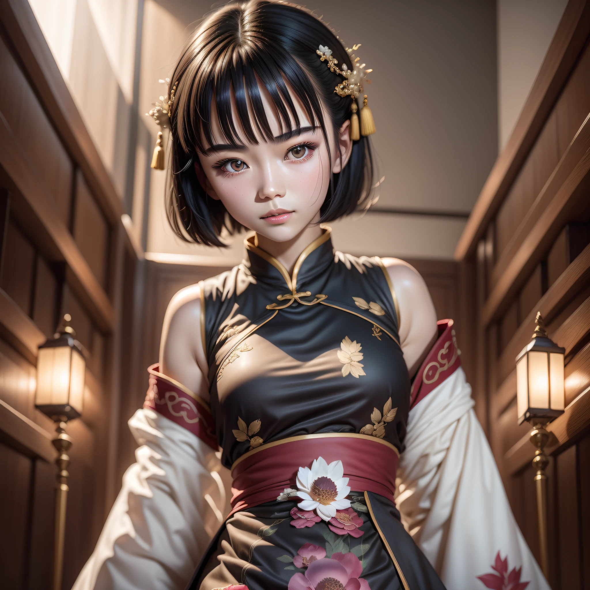 A Chinese girl 18 years old Beautiful eyes, real skin, delicate face, full body picture, hanfu, clothing details, skin details, slim body, delicate and delicate, short hair, black hair, blunt bangs ,beauty, best quality, super detailed, masterpiece, fine detail, high resolution, 8k wallpaper, realistic details, skin details, super detailed, high resolution, extremely detailed, cinematic lighting texture, beautiful, perfect, hd