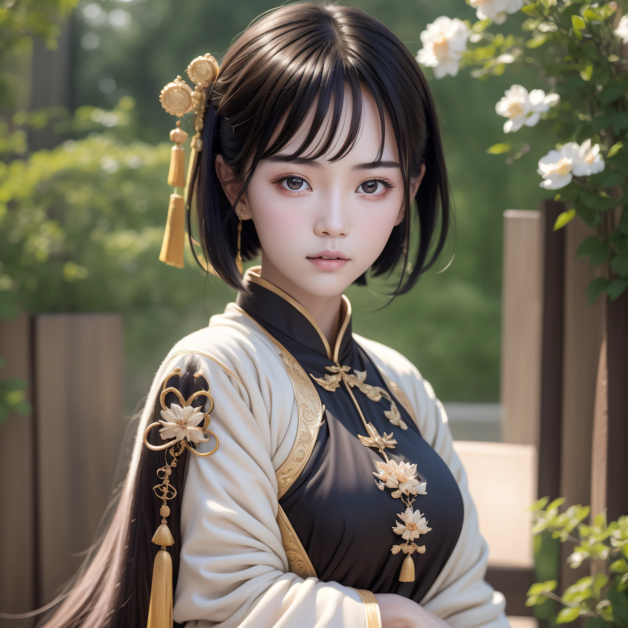 A Chinese girl 18 years old Beautiful eyes, real skin, delicate face, full body picture, hanfu, clothing details, skin details, slim body, delicate and delicate, short hair, black hair, blunt bangs ,beauty, best quality, super detailed, masterpiece, fine detail, high resolution, 8k wallpaper, realistic details, skin details, super detailed, high resolution, extremely detailed, cinematic lighting texture, beautiful, perfect, hd