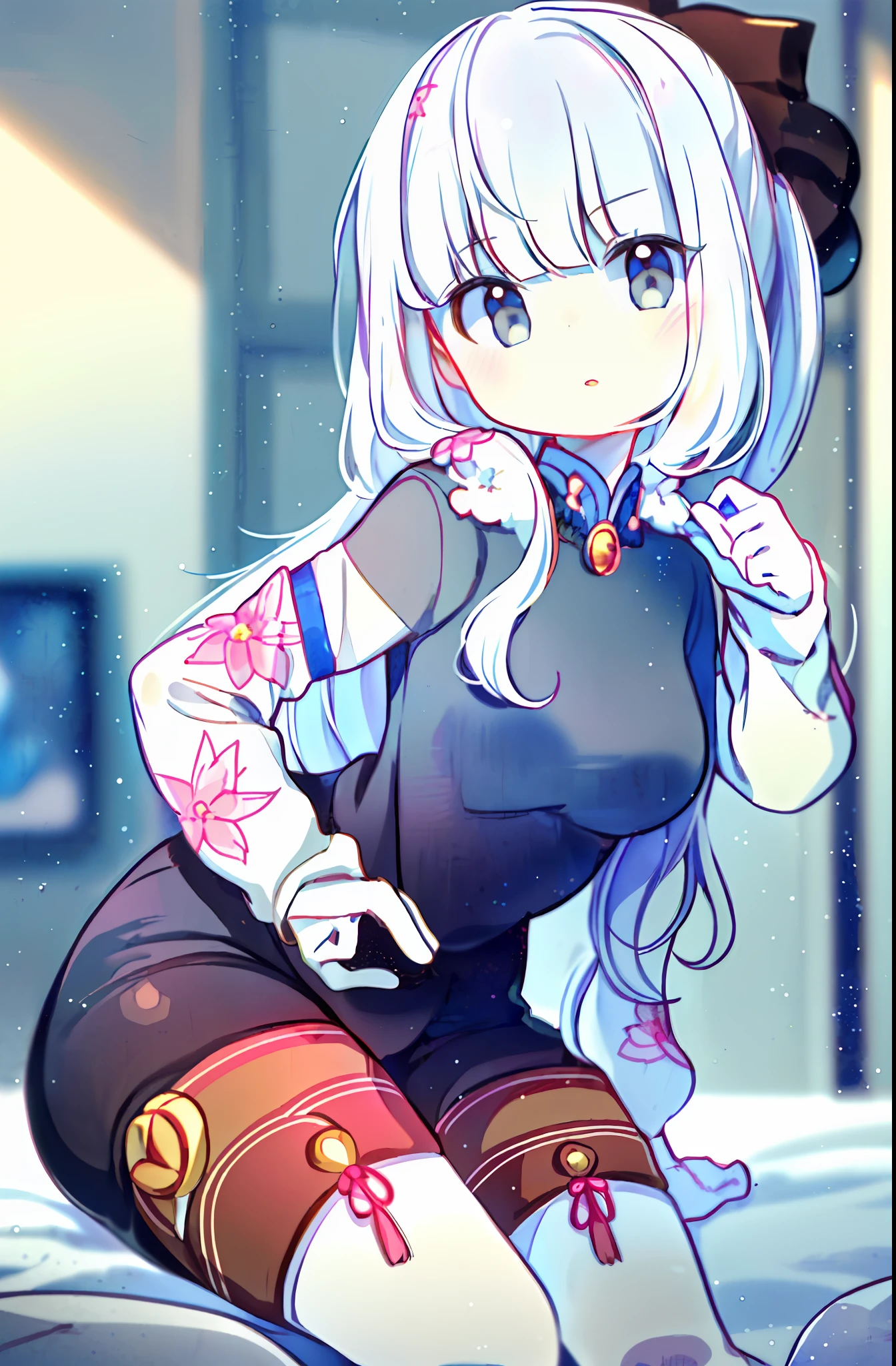 ((masterpiece, best quality, ultra-detailed)), (1girl:1.2), cute_face, kamisato ayaka (genshin impact), blunt bangs, grey eyes, hair strand, long hair, white hair, in japan style bedroom, looking at viewer, from front, close up, portrait, focus, leaning forward, from below,  kamisato_ayaka,furry
