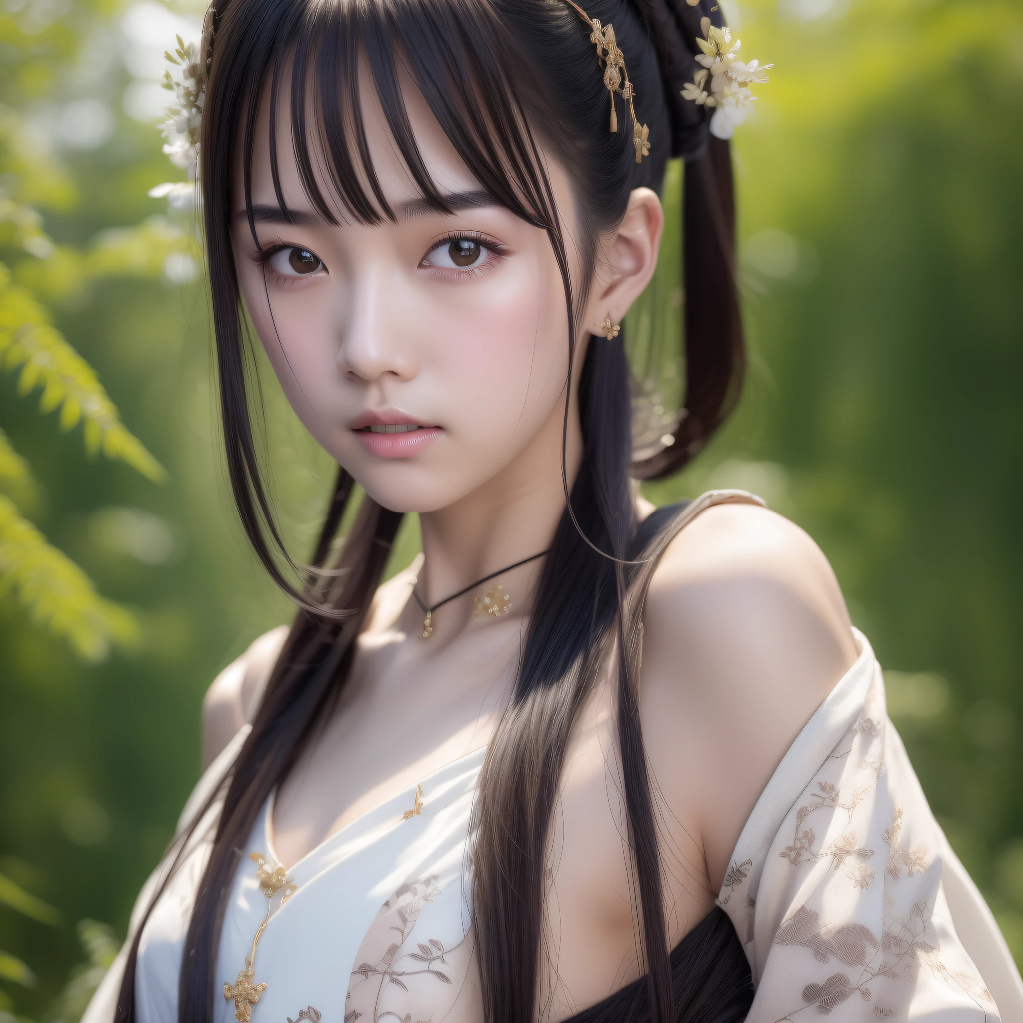 A Chinese girl 18 years old Beautiful eyes, real skin, delicate face, full body picture, hanfu, clothing details, skin details, slim body, delicate and delicate, short hair, black hair, blunt bangs ,beauty, best quality, super detailed, masterpiece, fine detail, high resolution, 8k wallpaper, realistic details, skin details, super detailed, high resolution, extremely detailed, cinematic lighting texture, beautiful, perfect, hd