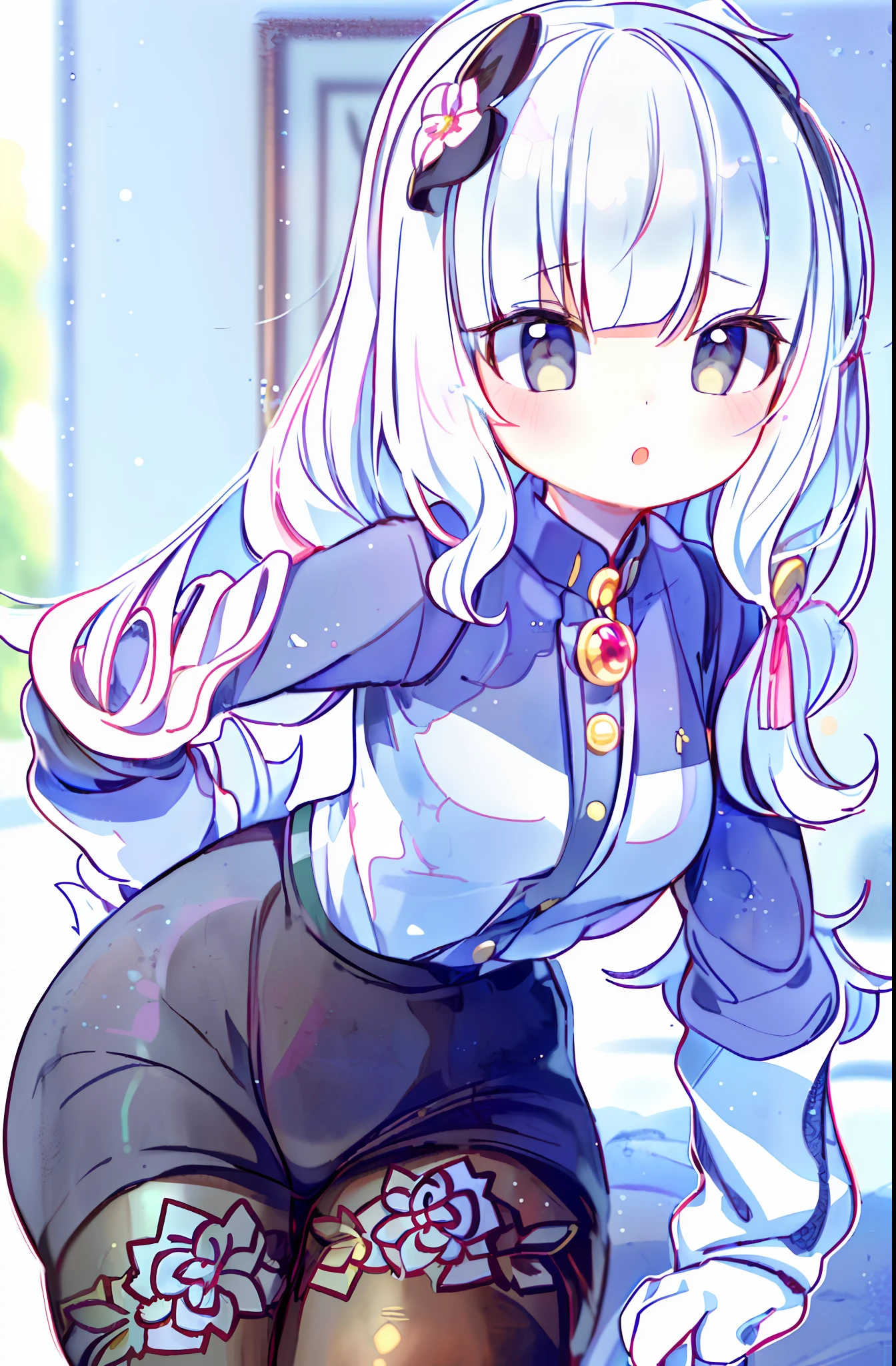((masterpiece, best quality, ultra-detailed)), (1girl:1.2), cute_face, kamisato ayaka (genshin impact), blunt bangs, grey eyes, hair strand, long hair, white hair, in japan style bedroom, looking at viewer, from front, close up, portrait, focus, leaning forward, from below, kamisato_ayaka,furry